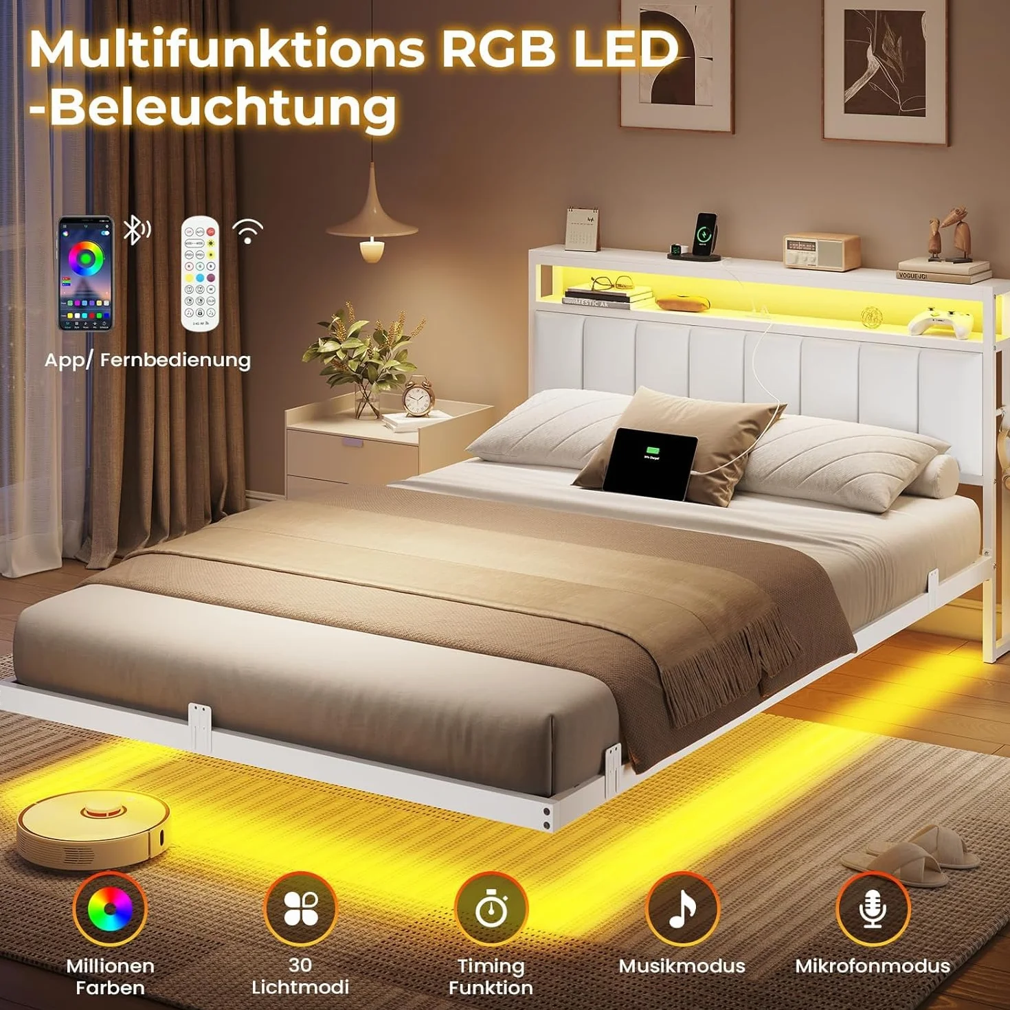 AOGLLATI Cama 140 x 190 cm con Iluminación LED y Estación de Carga, Camas Matrimoniales con Cabecero Tapizado en PU, Cama Matrimonio con Espacio de Almacenamiento, Diseño Visual Flotante, Blanco