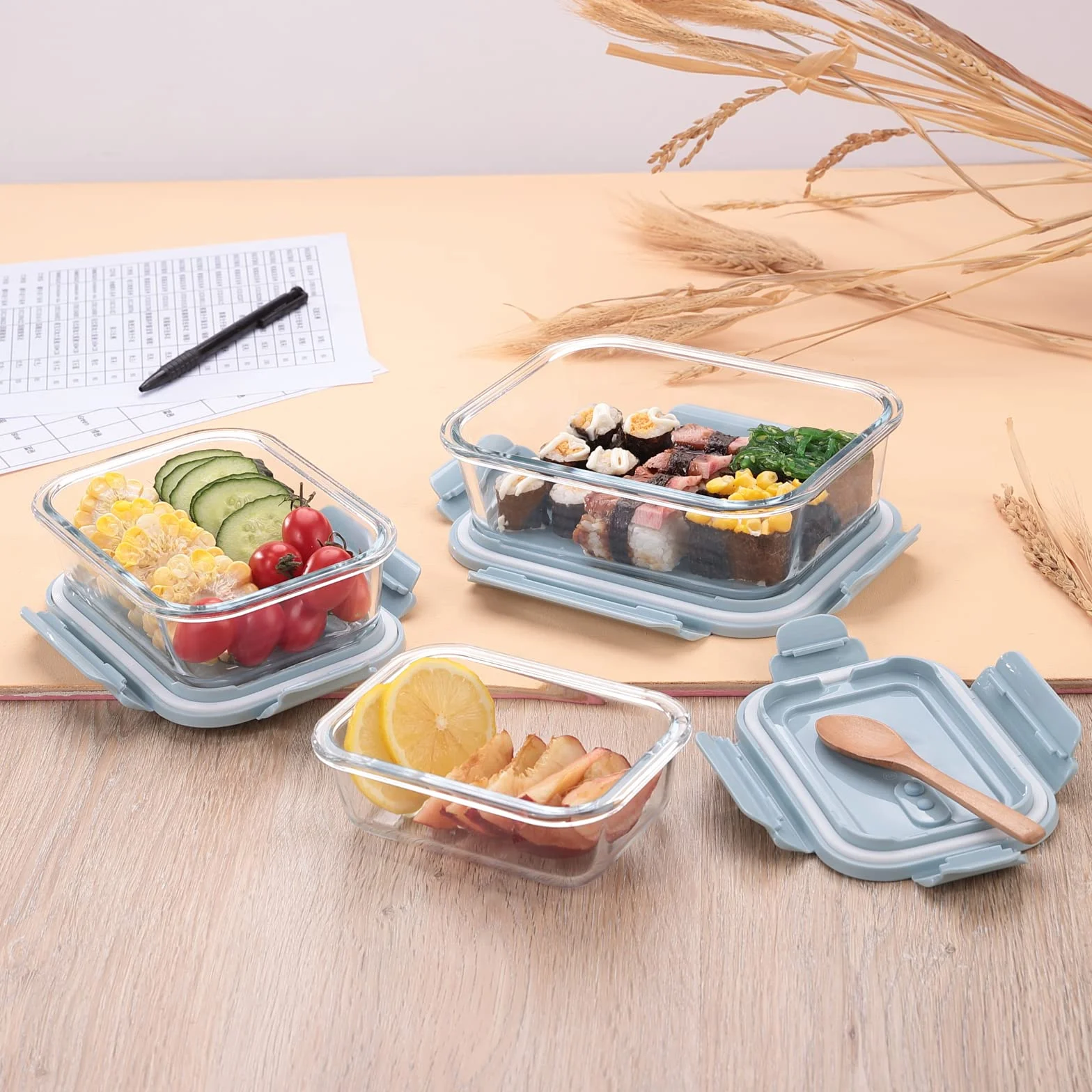 The Better Home Juego de recipientes herméticos de vidrio para almacenamiento de alimentos (1040 ml, 680 ml, 410 ml), a prueba de fugas, lonchera hermética para oficina, nevera y escuela, vidrio de