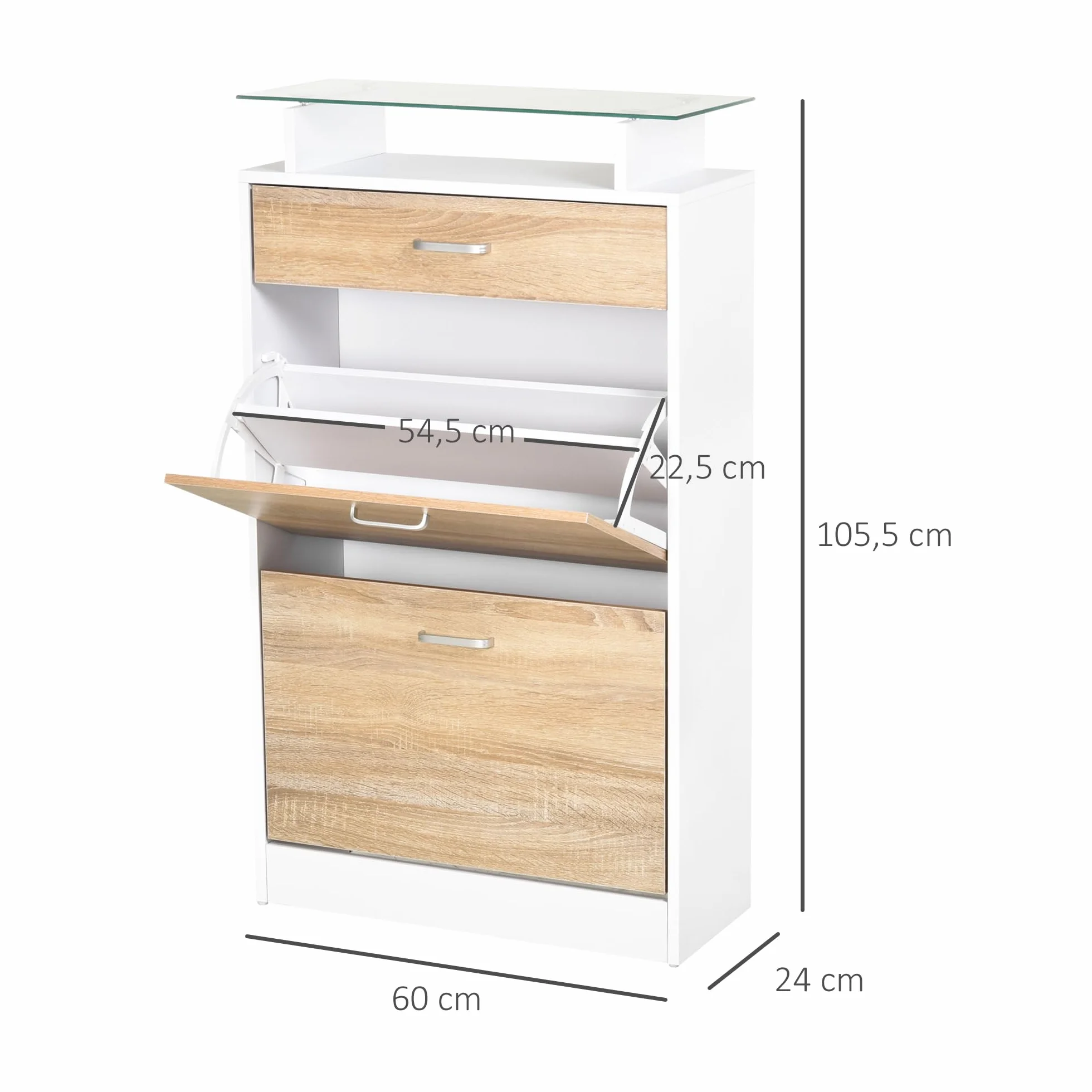 HOMCOM Mueble Zapatero Armario Zapatero con 3 Cajones Estante de Vidrio y Asa de Aluminio para Pasillo Entrada Carga 50 kg 60x24x105,5 cm Natural