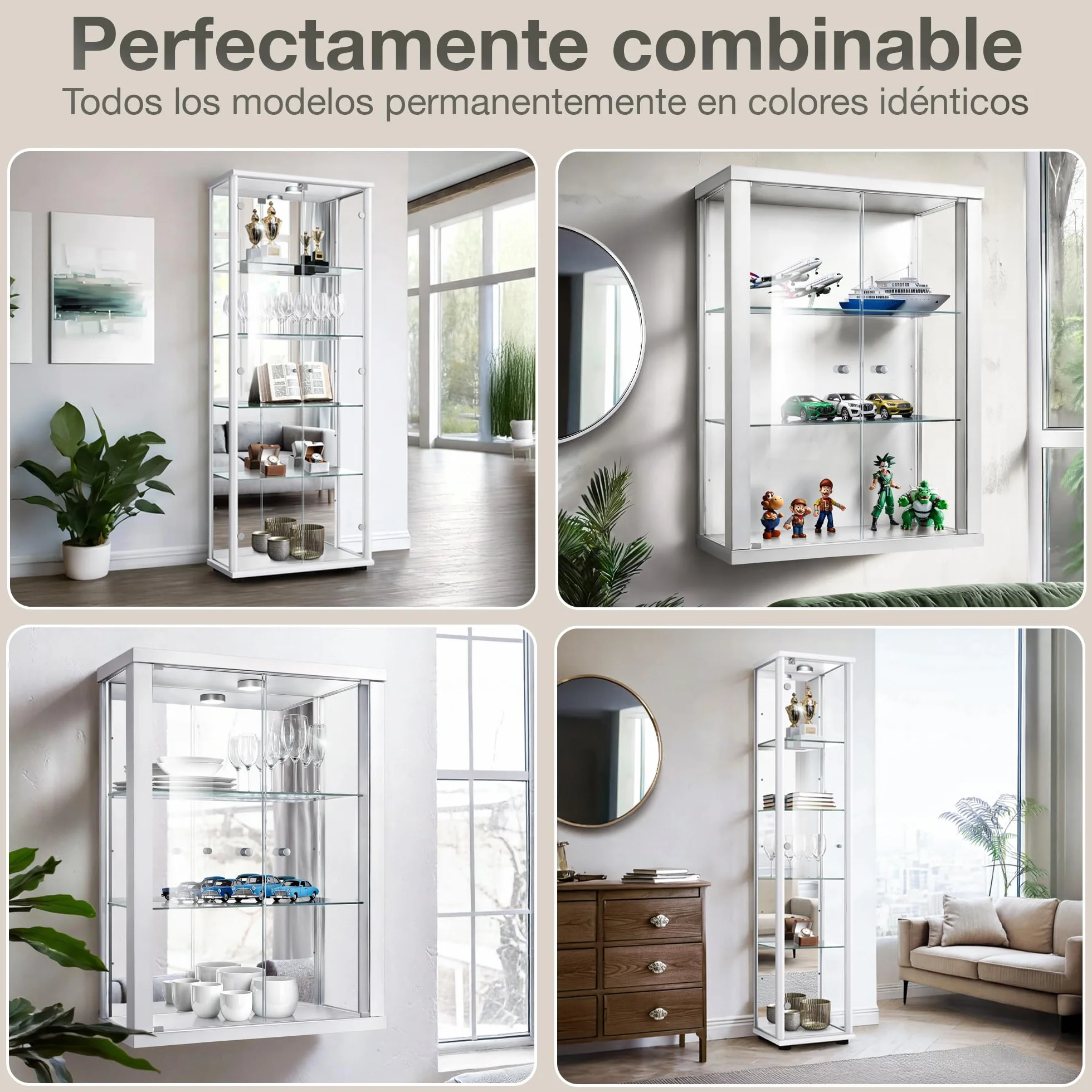 Vitrina de Cristal Blanca (176x67x33 cm) con 4 estantes de Cristal Regulables en Altura & LED - Vitrina Blanca Modelo Coche - Vitrina de colección