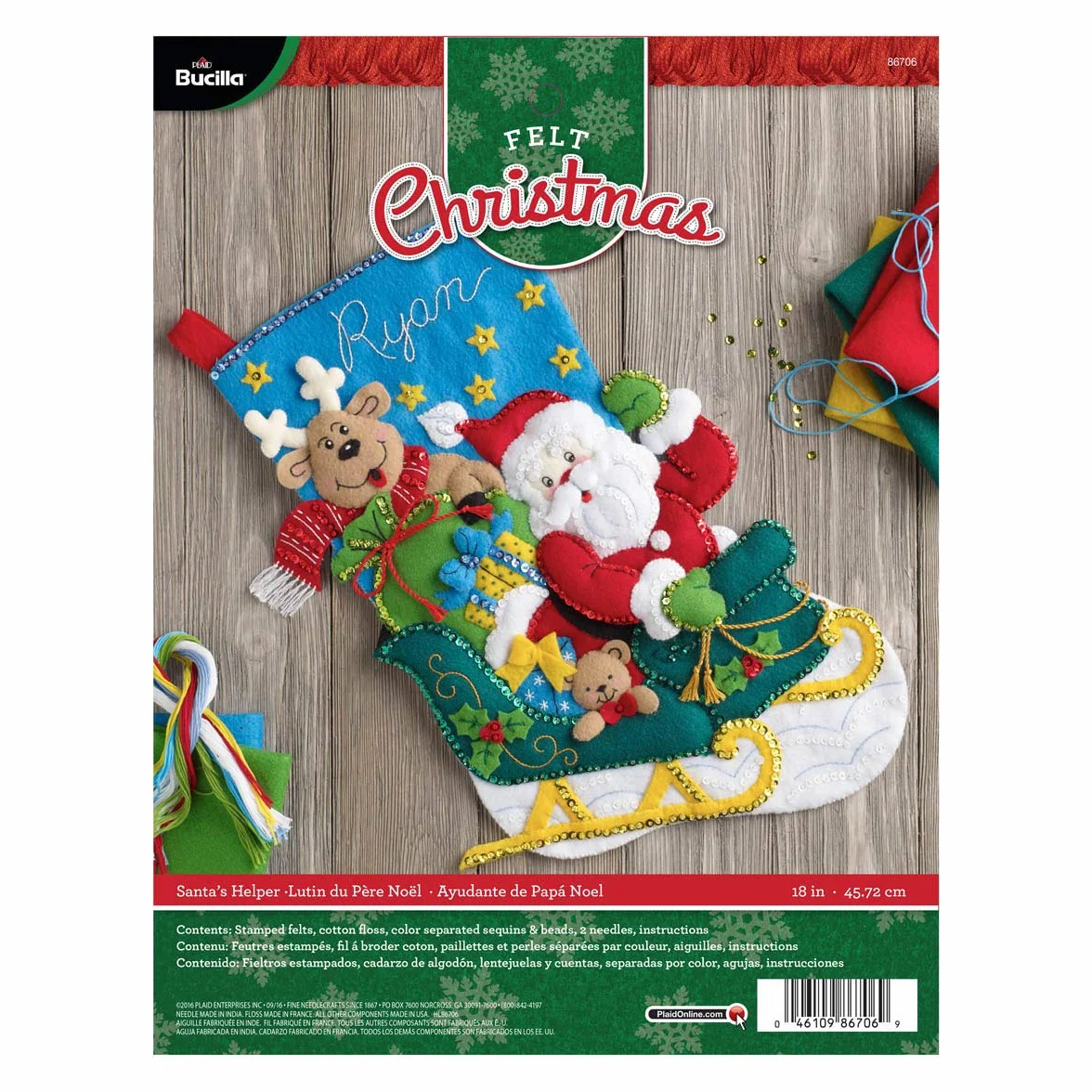 Bucilla Felt Applique Stocking Santa's Helper-Kit de Apliques de Fieltro para Calcetines, Algodón, Multicolor, 29.84 x 22.86 x 6.09 cm