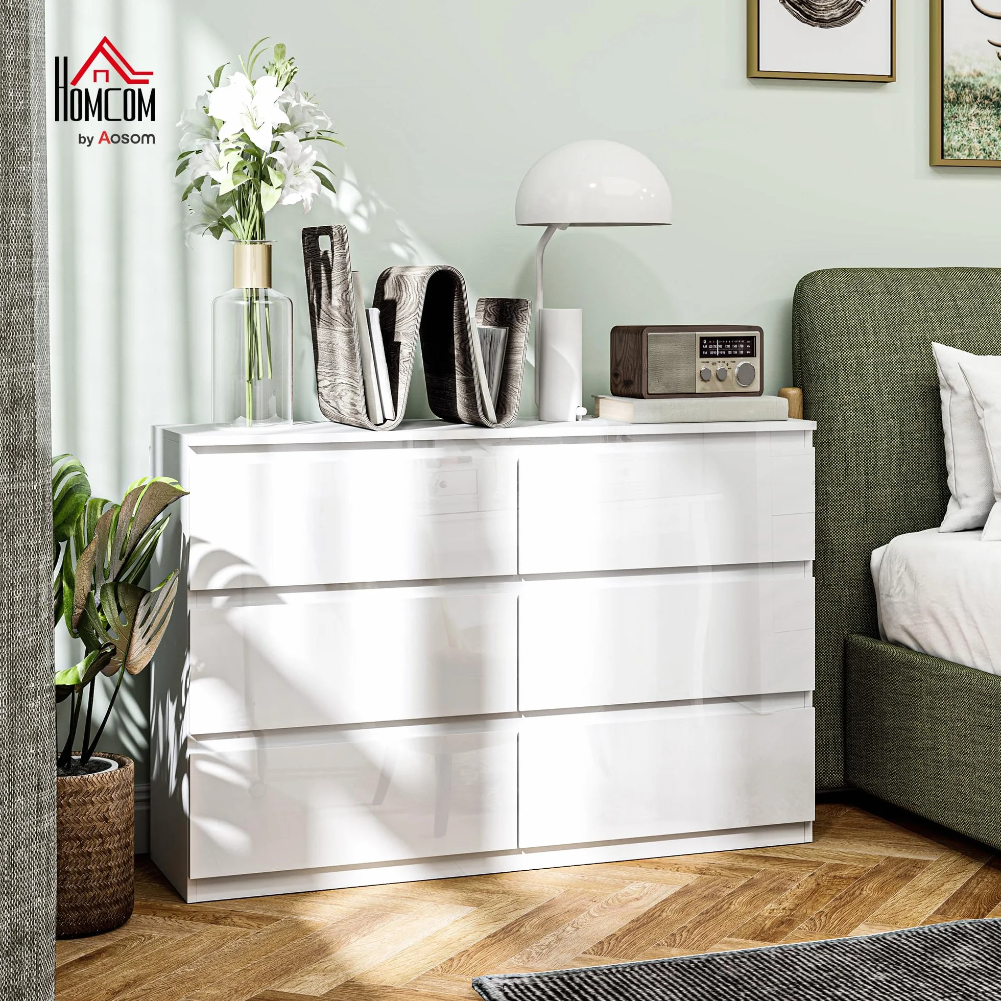 HOMCOM Cómoda con 6 Cajones Cómoda de Dormitorio Moderno con Diseño Anti-vuelco Cajonera para Salón Pasillo 112x34x75 cm Blanco Brillo