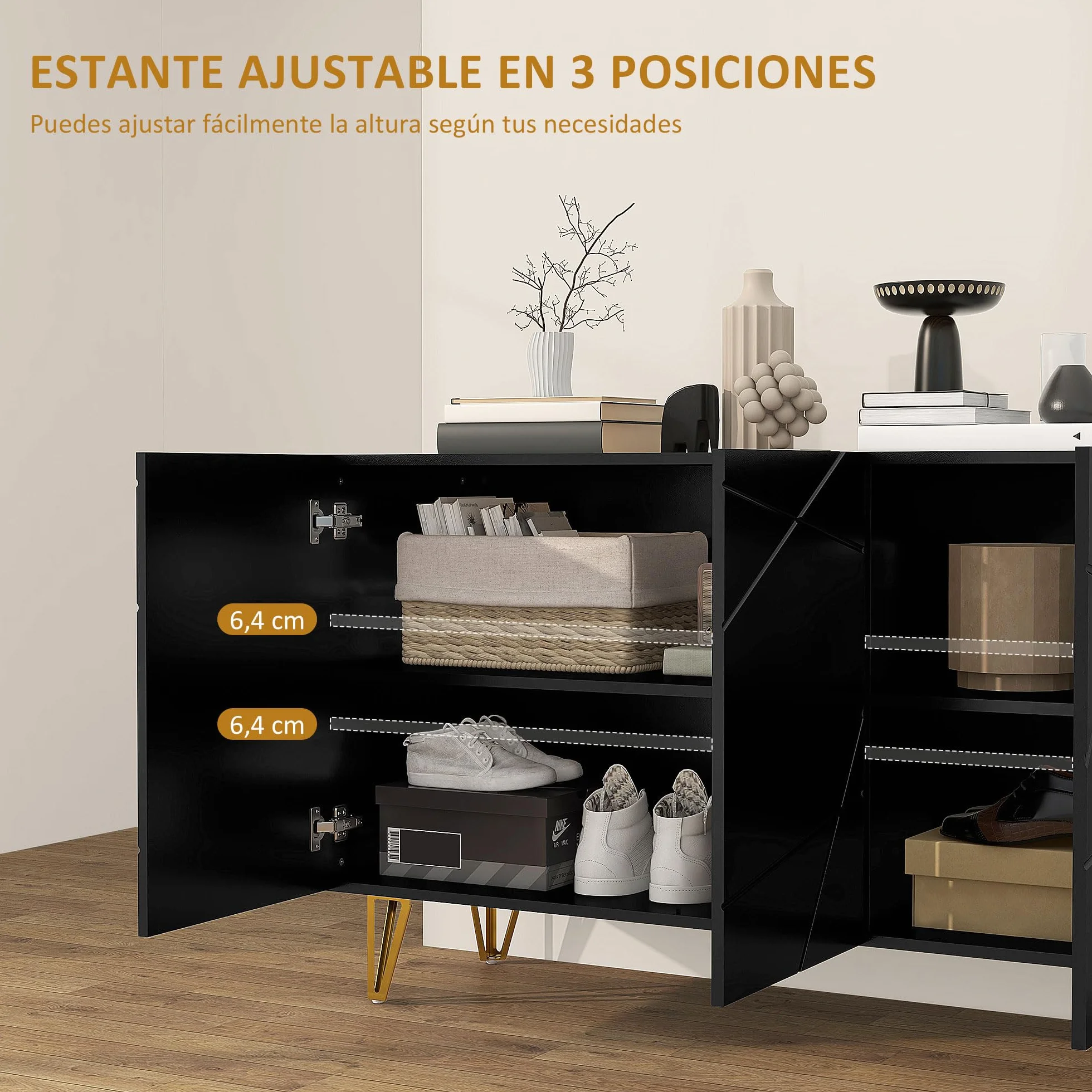 HOMCOM Aparador para Salón Aparador de Entrada con 3 Puertas y Estantes Ajustables Armario de Almacenamiento para Cocina Sala 120x40x75 cm Negro Brillo