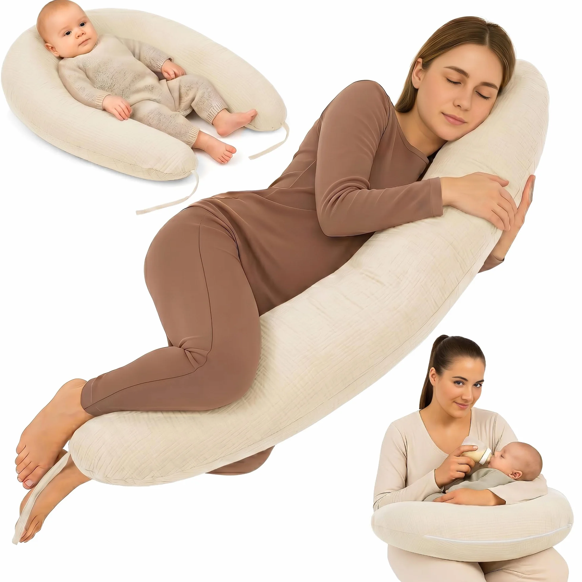 Totsy Baby Cojin Lactancia y Embarazo 190cm – Almohada para Dormir de Lado Descanso y relajación Ideal para futuras mamás Forma en C Muselina Oeko-Tex