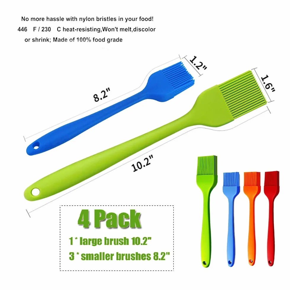 Cepillo de silicona para repostería, cepillo para barbacoa, salsa, marinada, carne, acristalamiento, aceite, resistente al calor, cocina, pastas, pasteles, apto para lavavajillas, 4 unidades