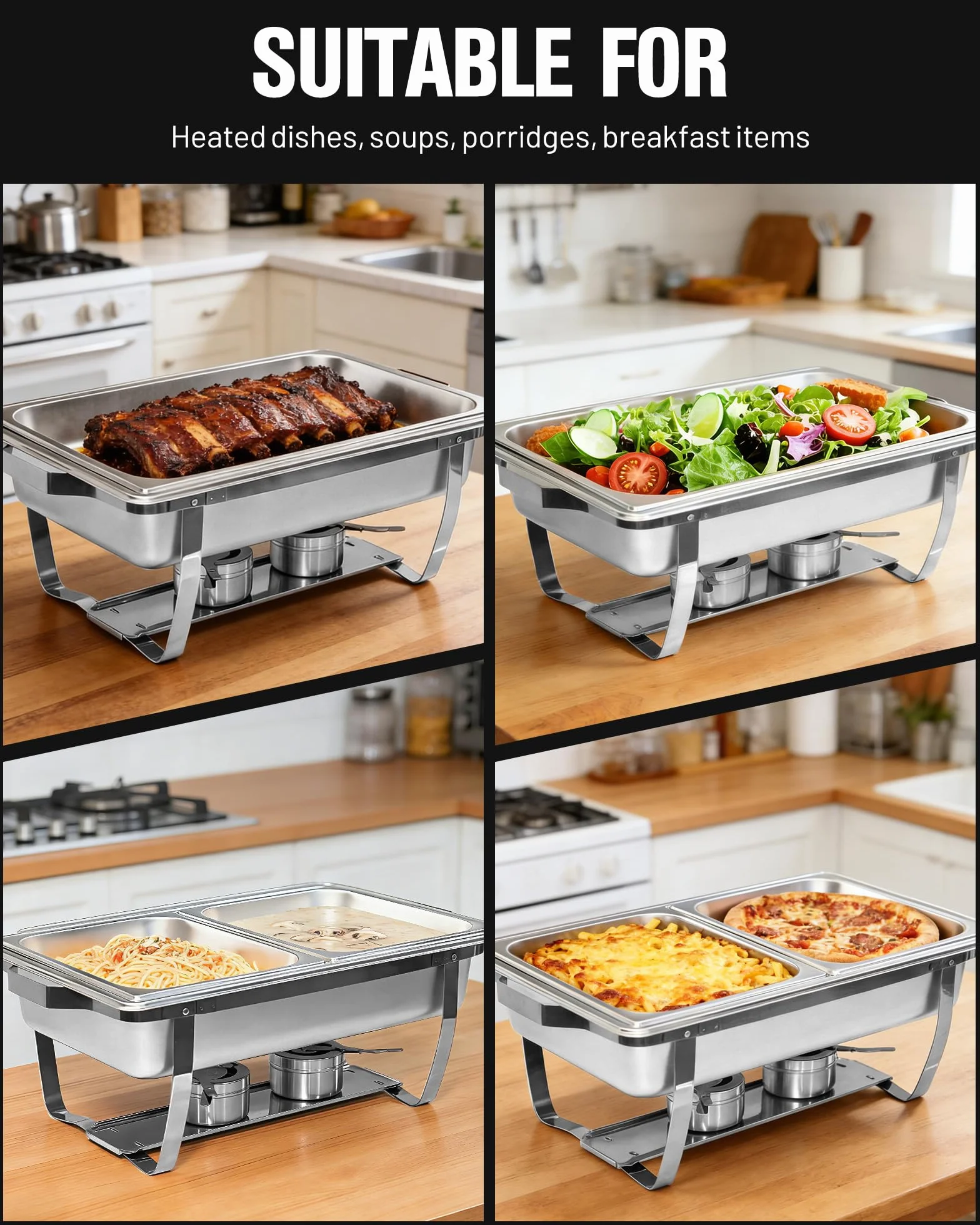 2PCS Fuentes Calientes para Buffet, 9L Bandeja para Buffet, Rectángulo con Tapa Enrollable - 2 Bandejas Grandes + 4 Pequeñas, Calientaplatos para Fiestas, Cumpleaños, Navidad, Eventos de Iglesia