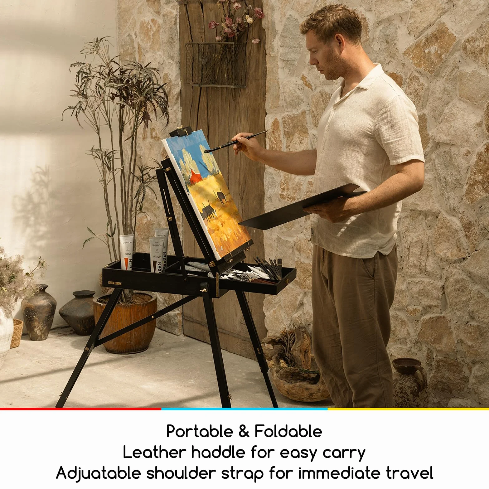 MEEDEN Caballete Francés para Pintura al Aire Libre: Negro, Pino, Estilo Francés, Easel de Trípode, Ajustable en Altura y Ángulo
