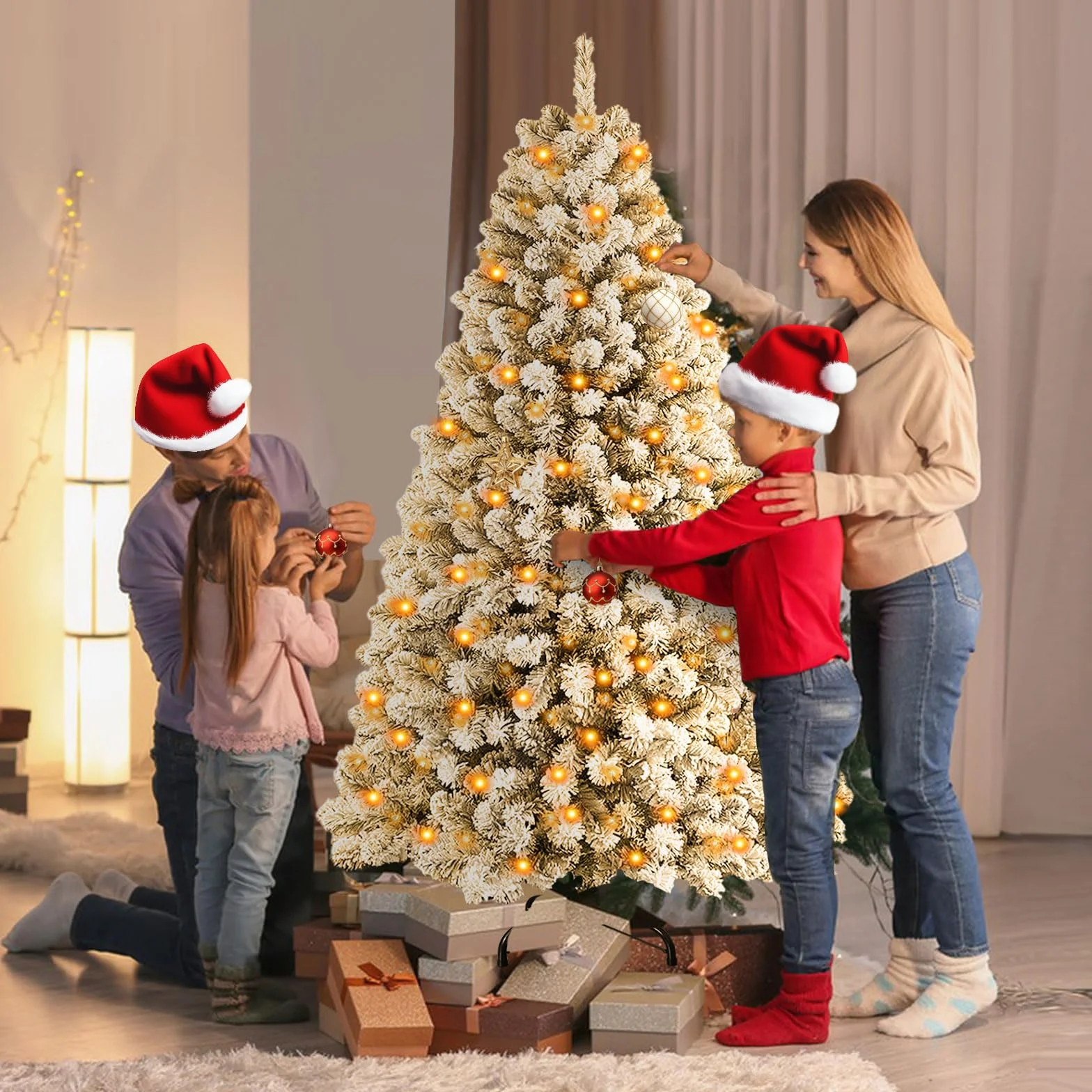 Árbol de Navidad Grande Artificial con iluminación,árbol de Navidad de 180 cm con LED y 900 Puntas,árboles de Navidad Artificiales adecuados para decoración de Navidad y Año Nuevo (DABlanco)