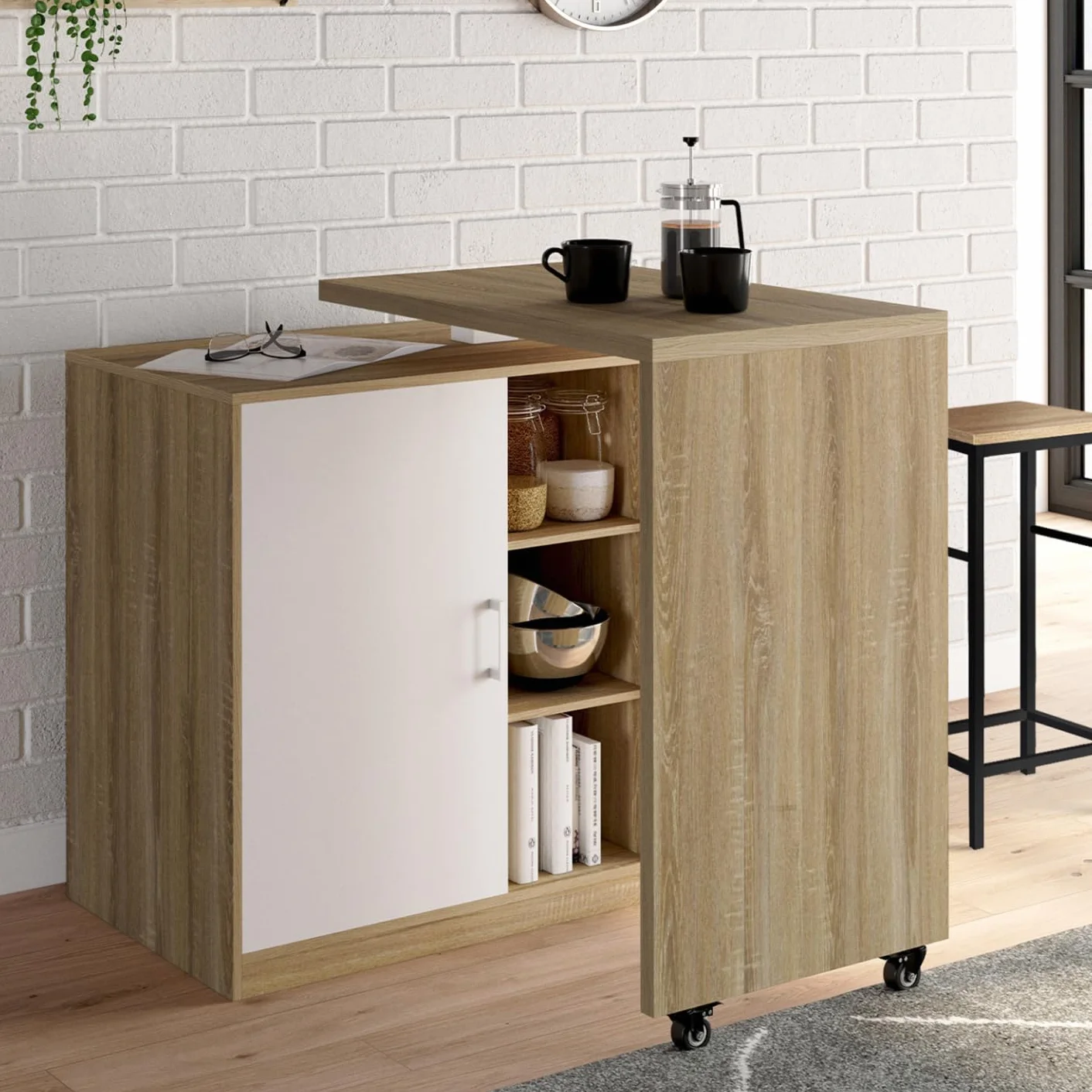 IDMarket – Ilot Rotativo Polo Mueble de bar giratorio 2 en 1 imitación haya puerta blanca