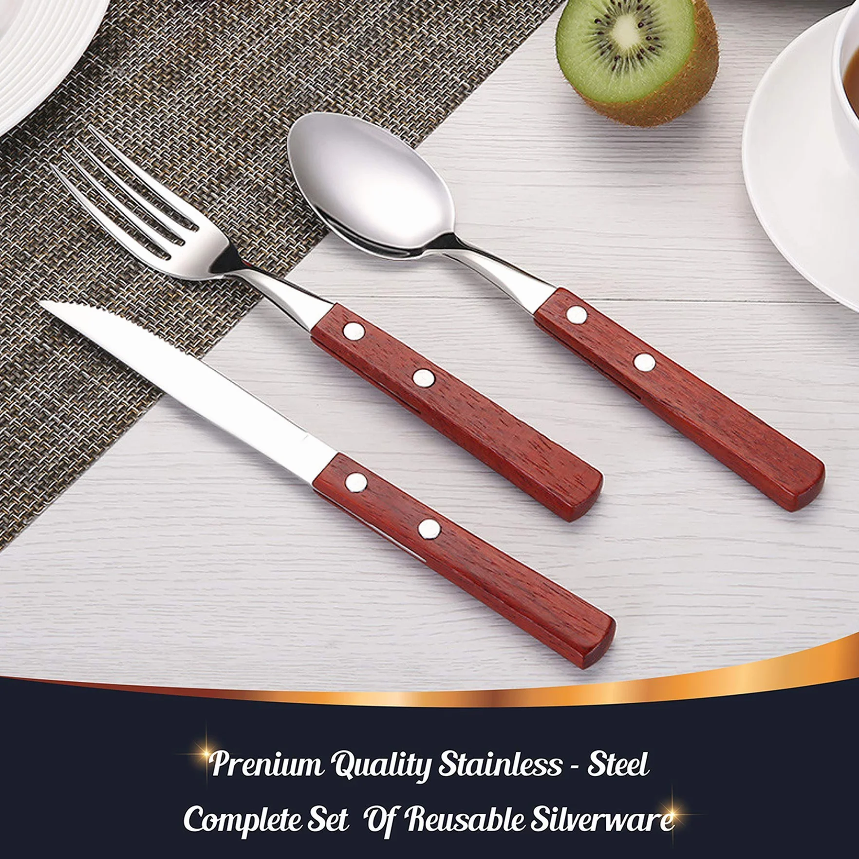 Juego de utensilios de viaje de acero inoxidable de alta calidad con funda, saludable y ecológico, 3 piezas, tenedor, cuchara, portátil, utensilios reutilizables con estuche