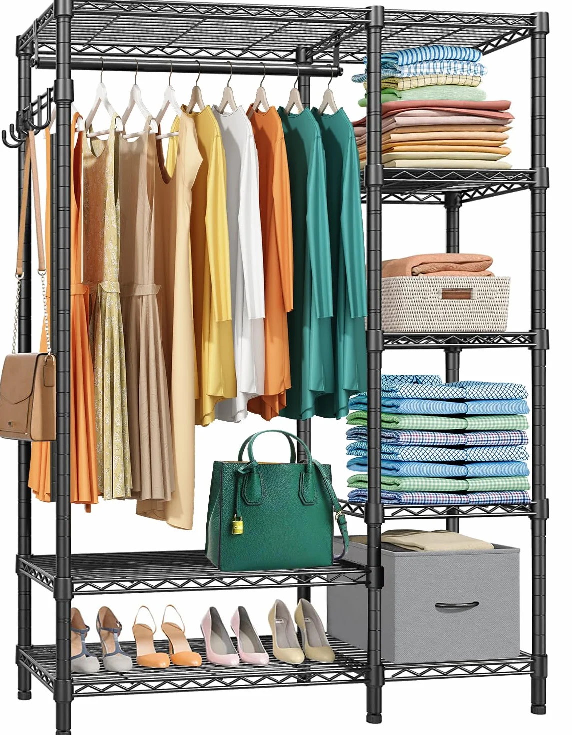 Armario Abierto Perchero con estantes Armario Abierto de alambre para ropa 6 niveles Vestidor de metal resistente para colgar ropa, 44.9 "L x 15.74 "W x 70.9 "H, Carga máxima 560LBS, Negro