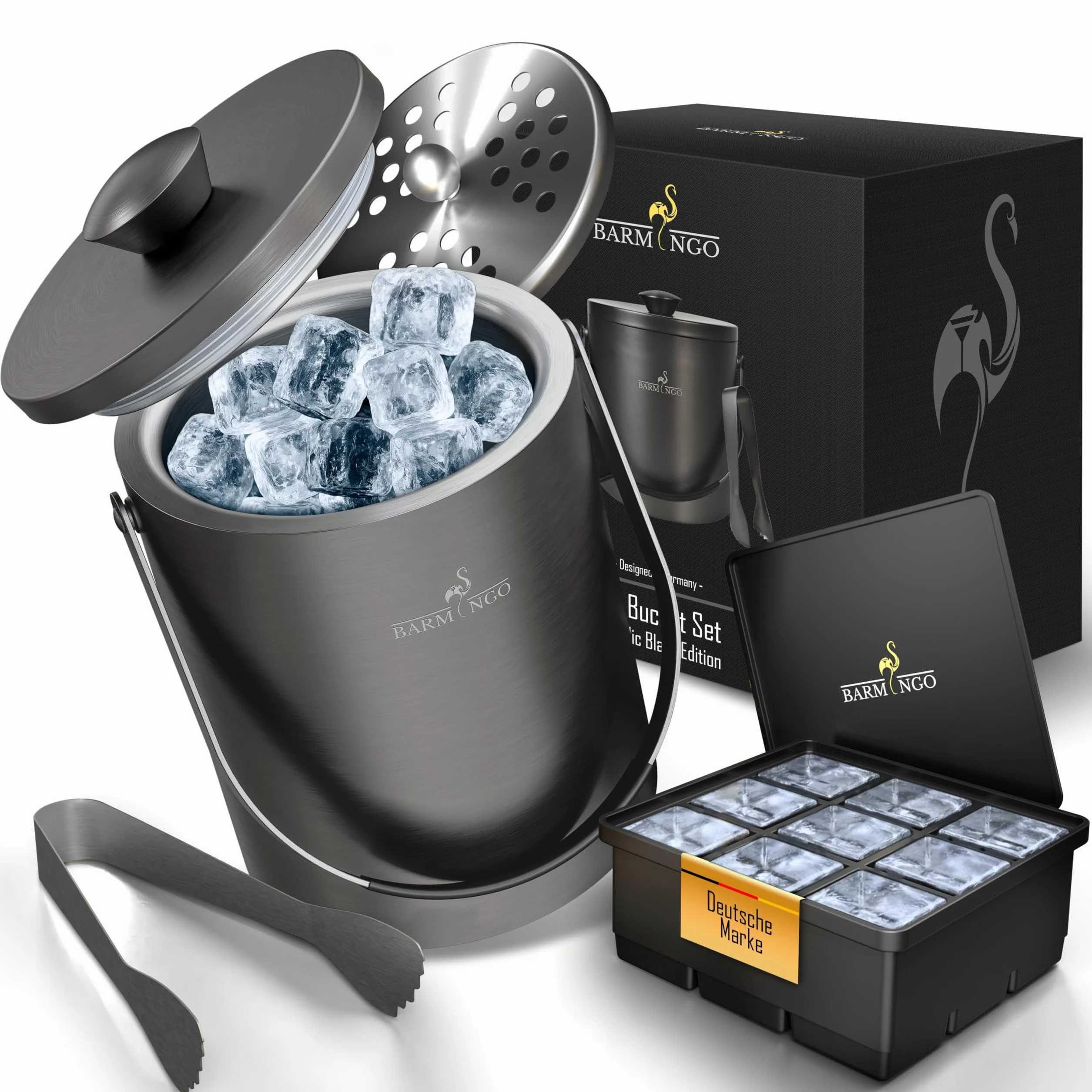 Cubitera de acero inoxidable con tapa, 2 l, para cubitos de hielo con colador, molde para cubitos de hielo y pinzas, doble pared, aislado, libre de BPA
