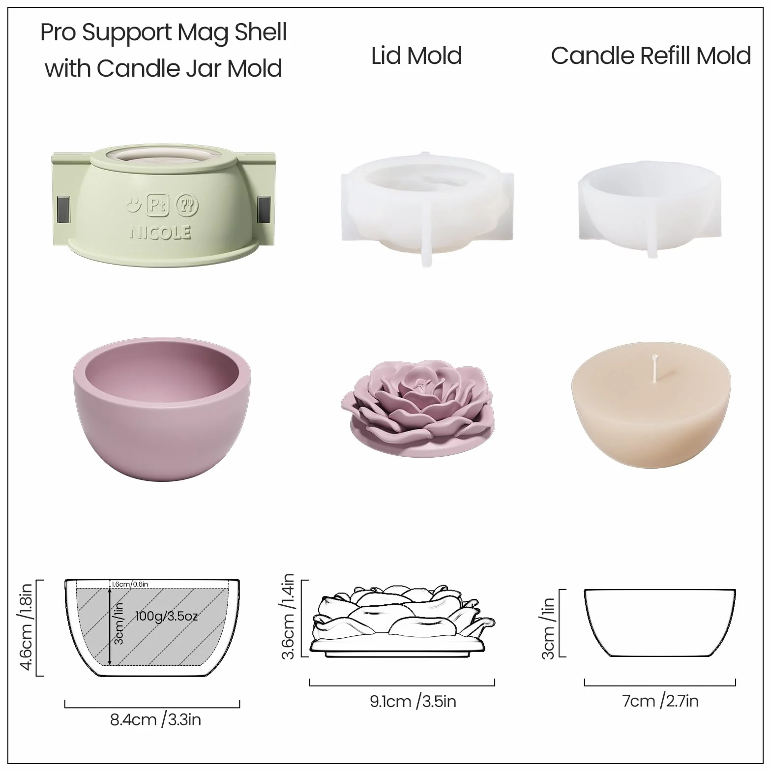 BOOWAN NICOLE Tarros para velas con tapa de flor de rosa y moldes de silicona de 70 ml para rellenar velas Jesmonite, candelabro de yeso para hacer velas artesanía (SH1074+LZ0698)