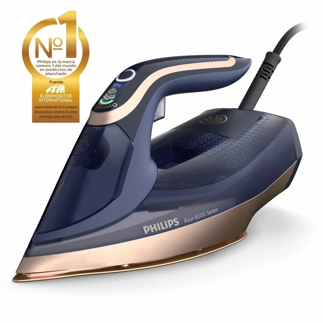 Philips Azur Serie 8000 Plancha De Vapor - 85 g/min De Vapor Continuo, 260 g De Impulso De Vapor Turbo, 3000 W, Tecnología OptimalTEMP, Suela SteamGlide Elite, Azul Oscuro (DST8050/20) | Depósito de 350 ml, sistema antical integrado, tecnología OptimalTem