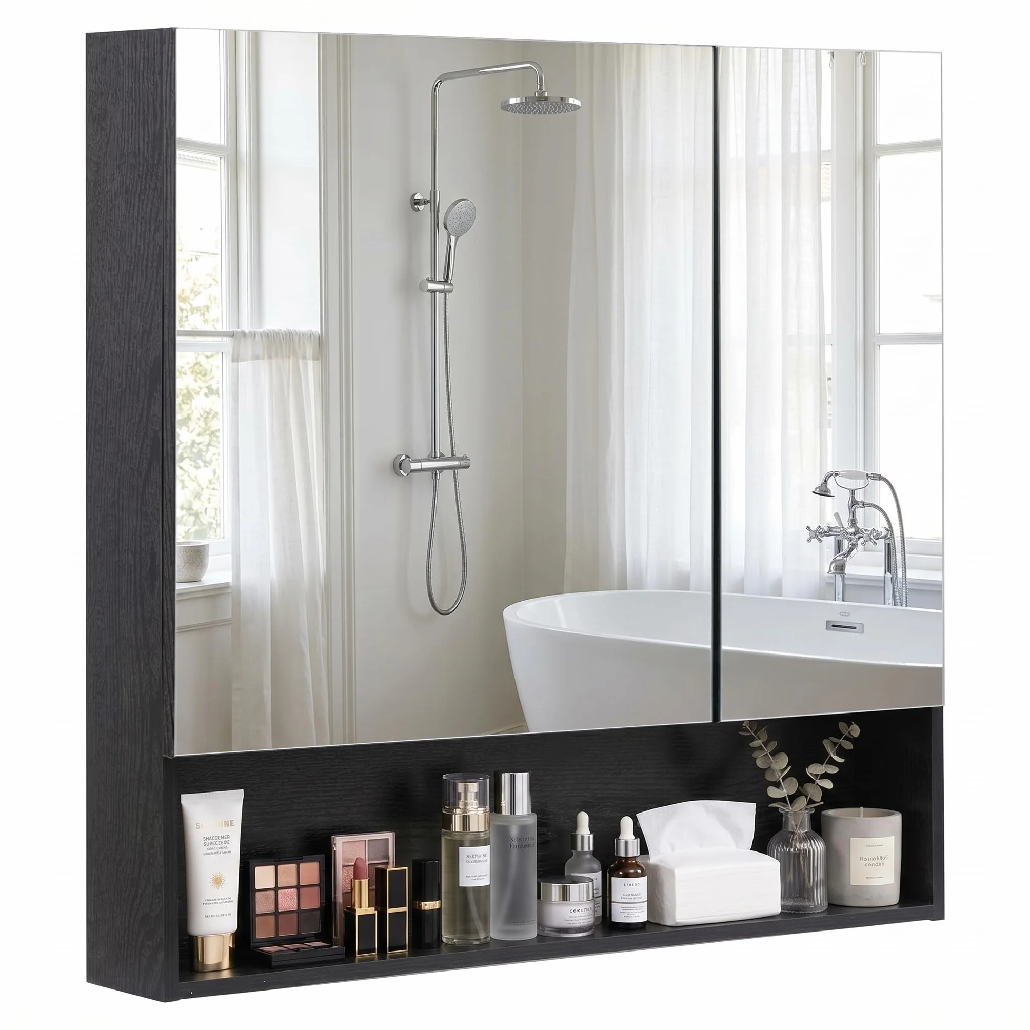 HollyHOME Armario de baño con espejo organizador de joyas, armario de almacenamiento de 2 puertas de espejo montado en la pared con estante ajustable, 62 pulgadas de ancho x 14 pulgadas de profundidad