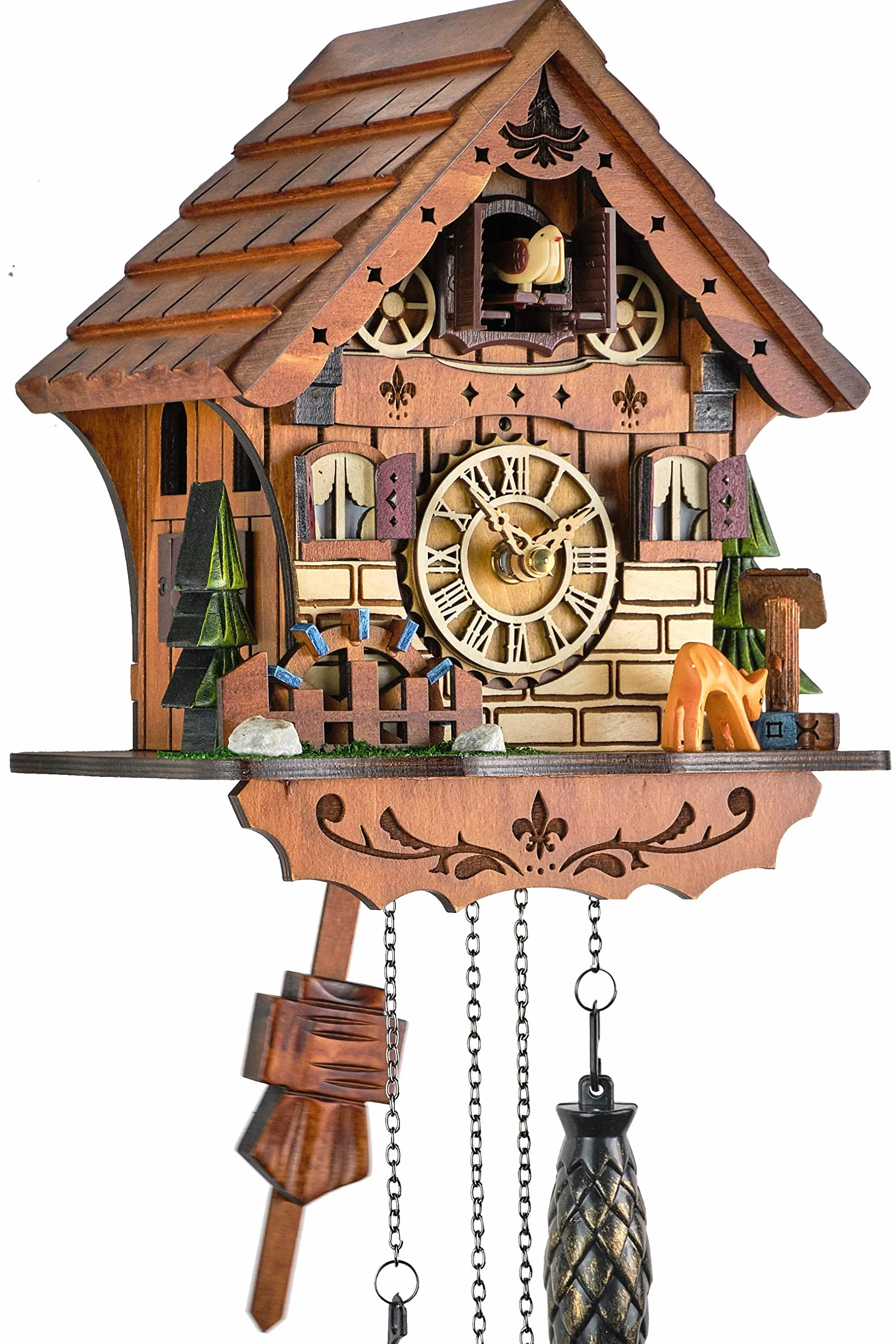Reloj de cuco de madera auténtica, funciona con pilas, movimiento de cuarzo, música cuco, 23 cm, 60840000