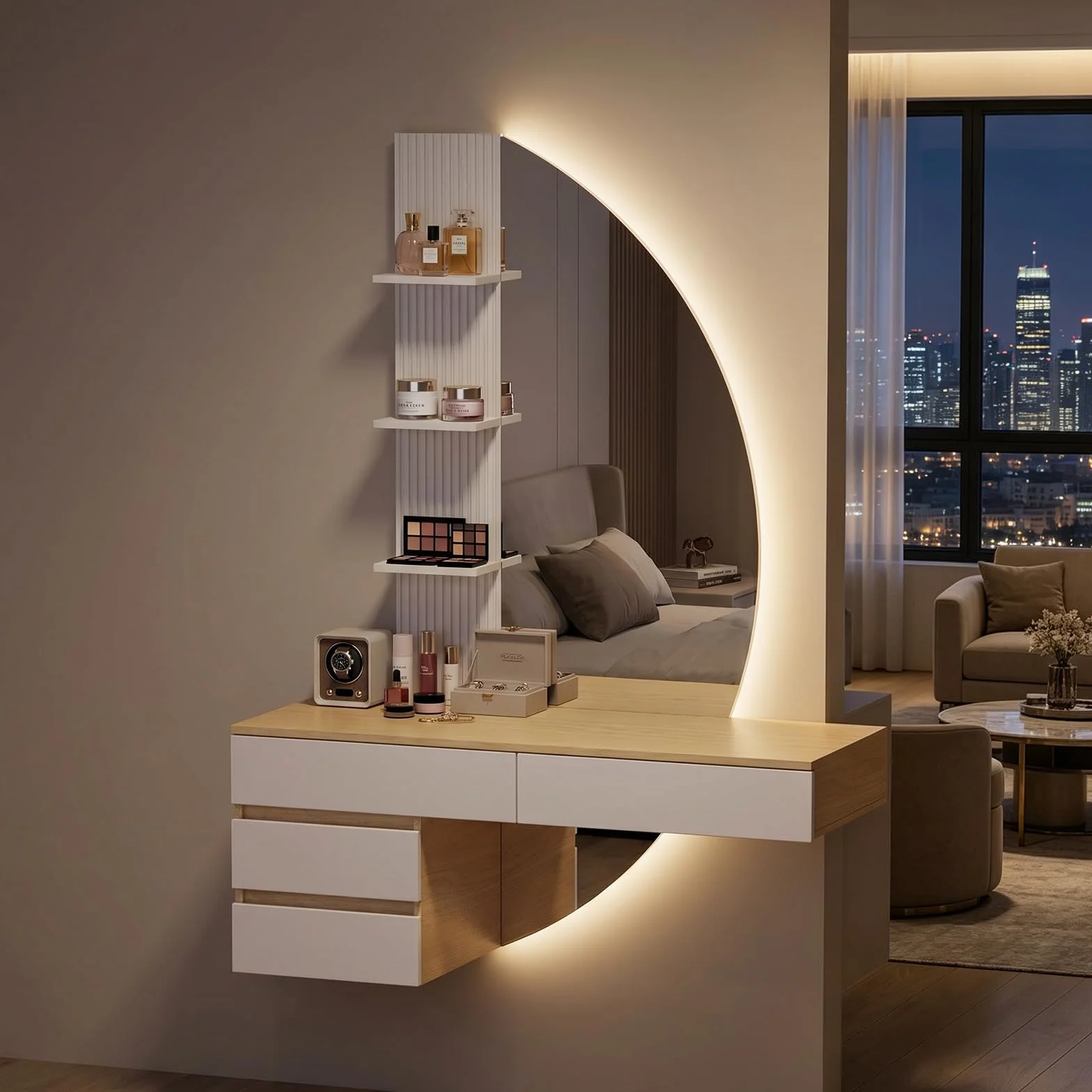 TRIUMPHKEY Tocador de Pared con Espejo en Forma de Media Luna y Luz LED Regulable, Mesa de Maquillaje Flotante con 4 Cajones y 3 Estantes, Tocador Moderno de Ahorro de Espacio para Dormitorio (Blanco)