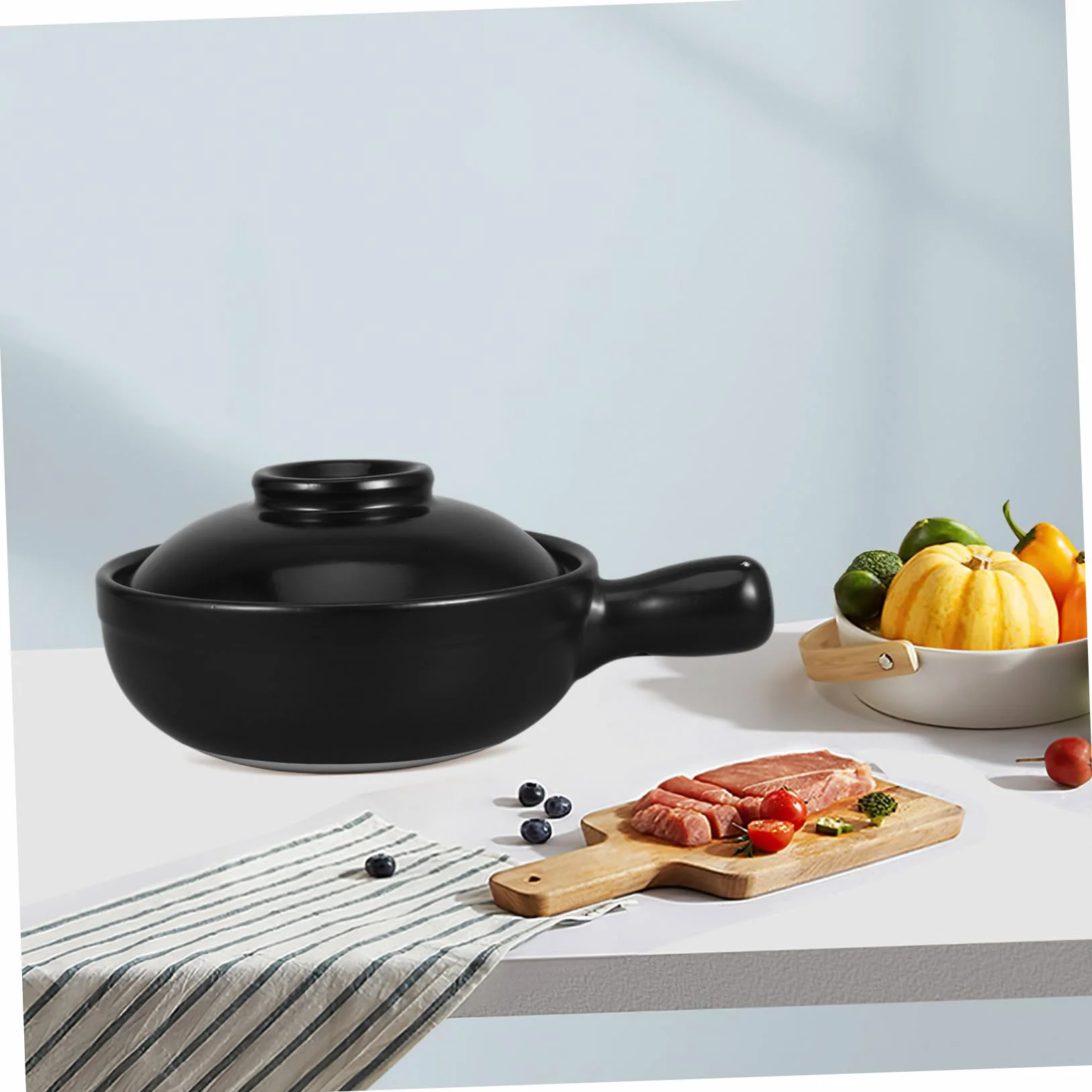 Cazuela de Barro Sola Asa 900ml con Tapa, Cerámica Negra | Recipiente Profundo para Gachas y Guisos, Uso Comercial y Microondas, Fácil de Limpiar