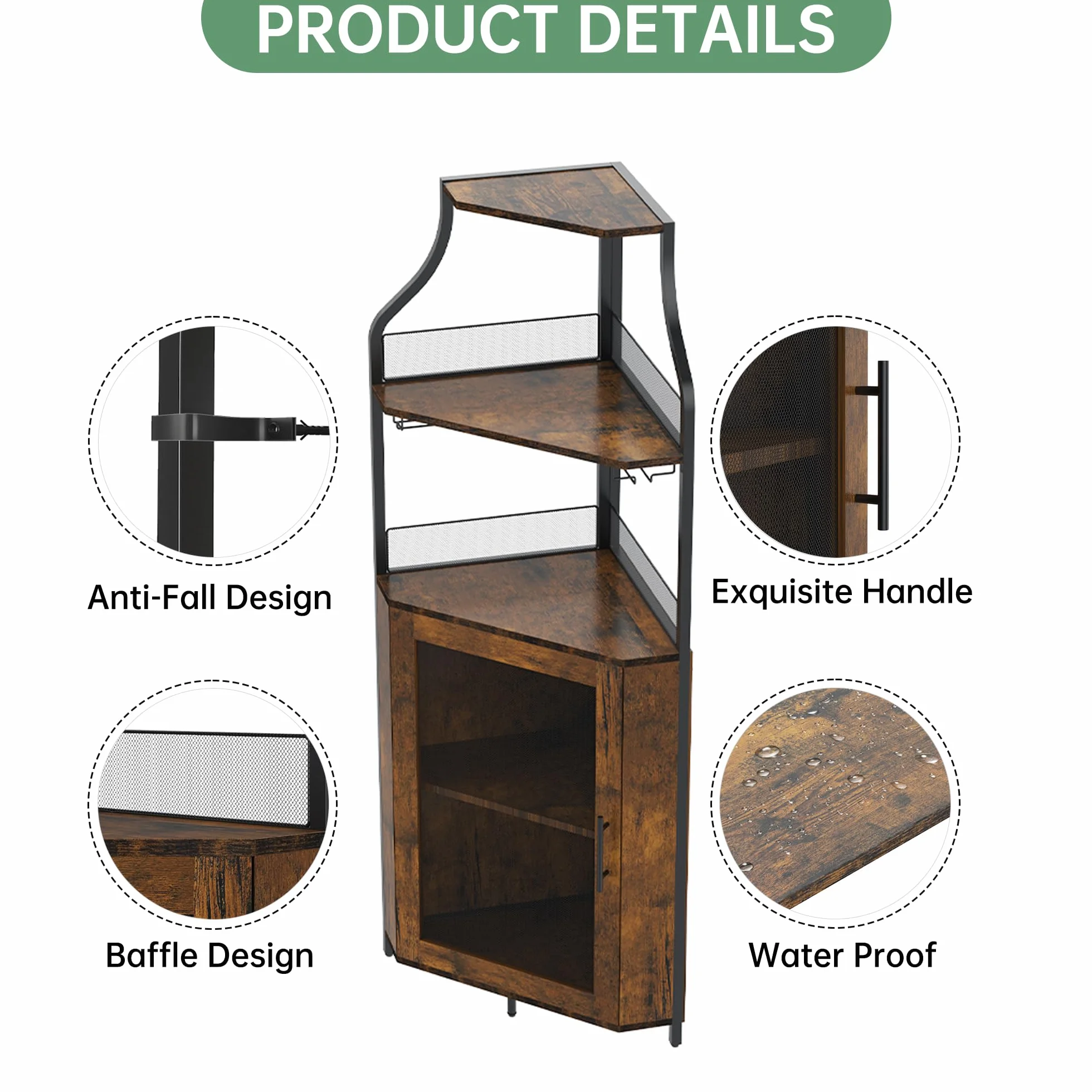 Garvee Armario de Vino Esquinero con Luces LED, Mueble Bar Industrial de 5 Niveles con Botellero y Porta Copas, Estantería para Vinos con Puerta de Malla para Salón y Comedor, Marrón Rústico