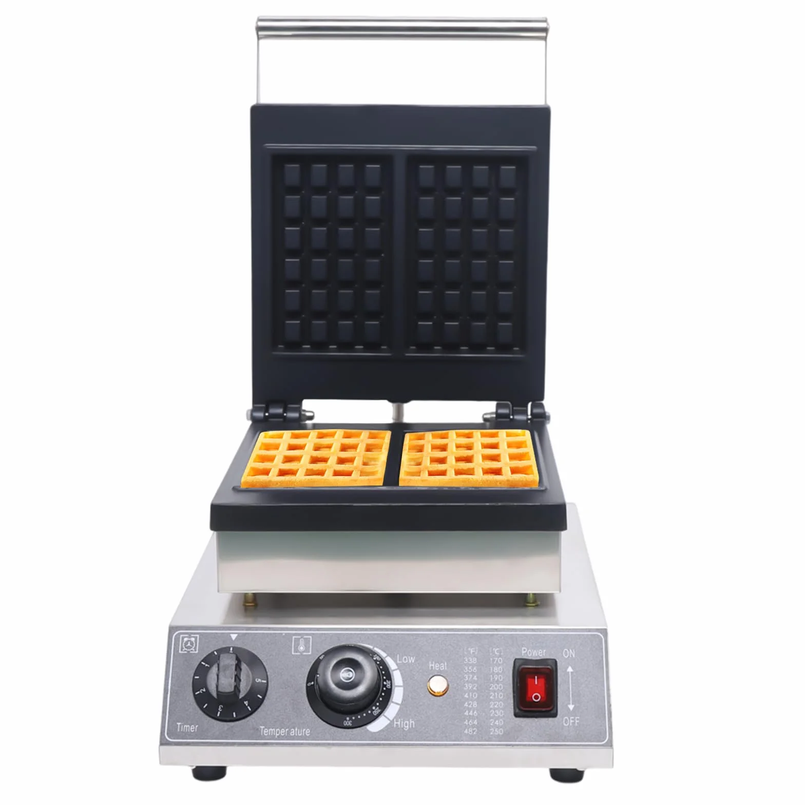 Máquina de gofres comercial de 2000 W, máquina de gofres con revestimiento antiadherente, de acero inoxidable, con control de temperatura y tiempo, para restaurante panadería Snack-Bar