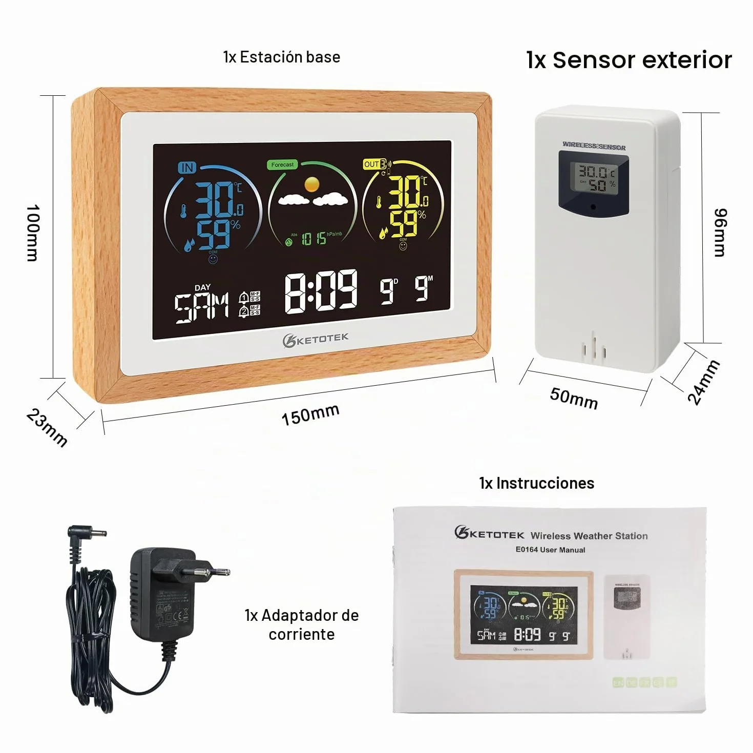 KETOTEK Estacion Meteorologica Interior Exterior, Higrómetro Termometro Barómetro Digital Casa, Estación Inalámbrica con Sensor Exterior, Retroiluminación Ajustable, Previsión Meteorológica, Alarma