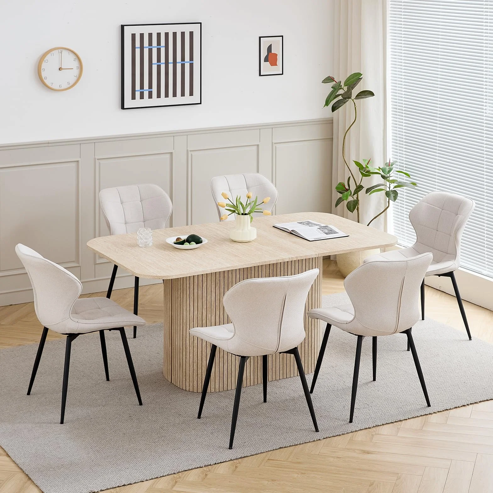 GrandCA HOME Juego de 4 Sillas de Comedor Tapizadas de Lino con Respaldo y Patas de Metal Negro, Silla de Sala de Estar para Cocina, Comedor, Dormitorio - Beige