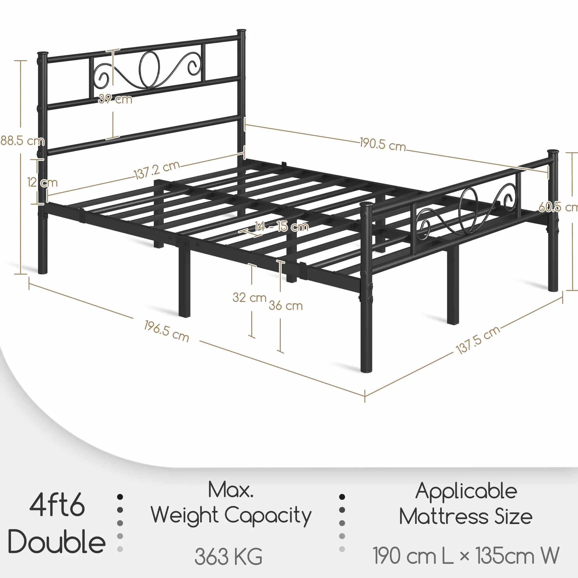 Yaheetech Cama Doble Hierro para Colchón de 135 x 190 cm Estructura Industrial de Metal Negro, Marco Base