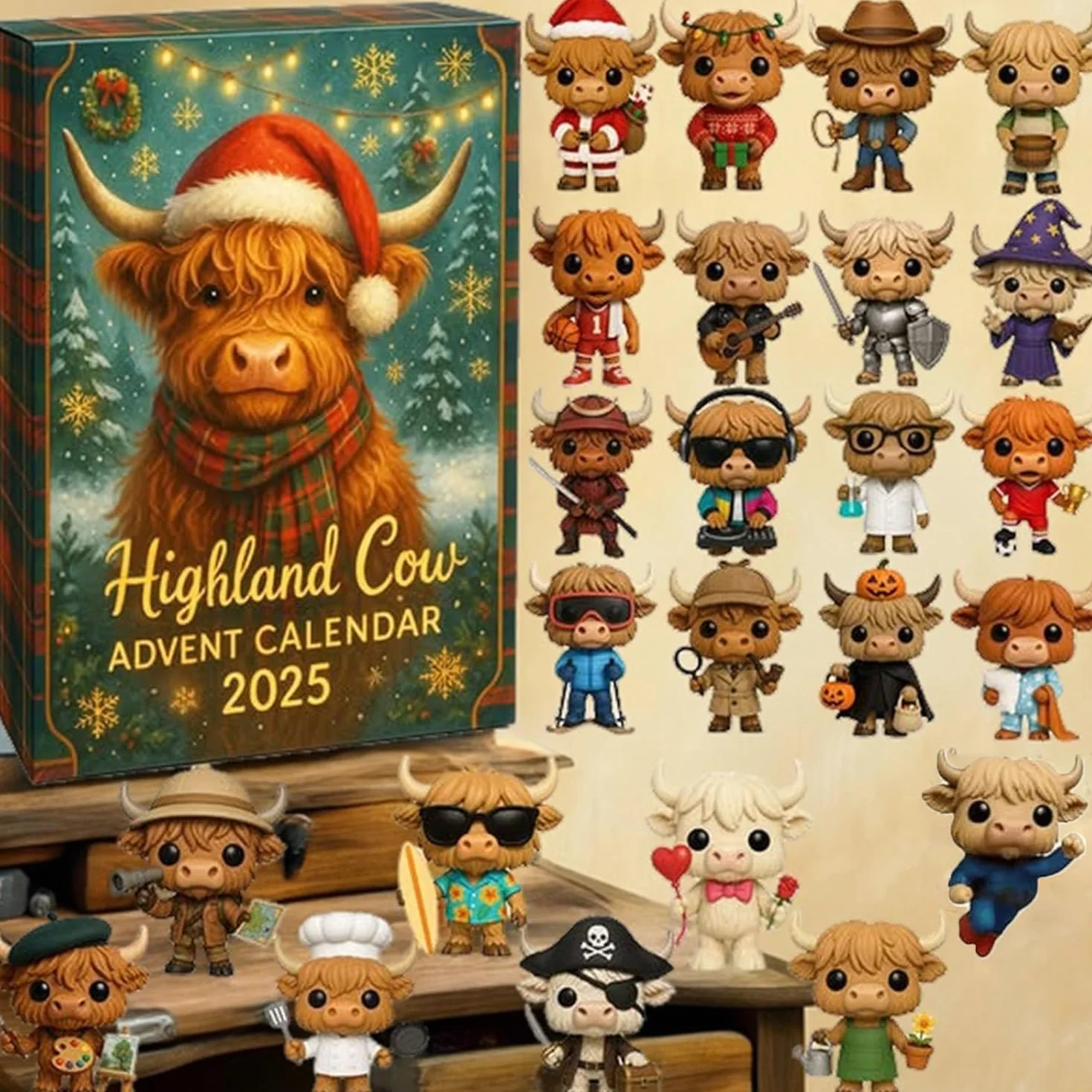 Calendario de Adviento de vaca de las Tierras Altas 2025, calendario de cuenta regresiva de Navidad de 24 días, calendario de Adviento 2025 con 24 adornos navideños de vacas de las tierras altas