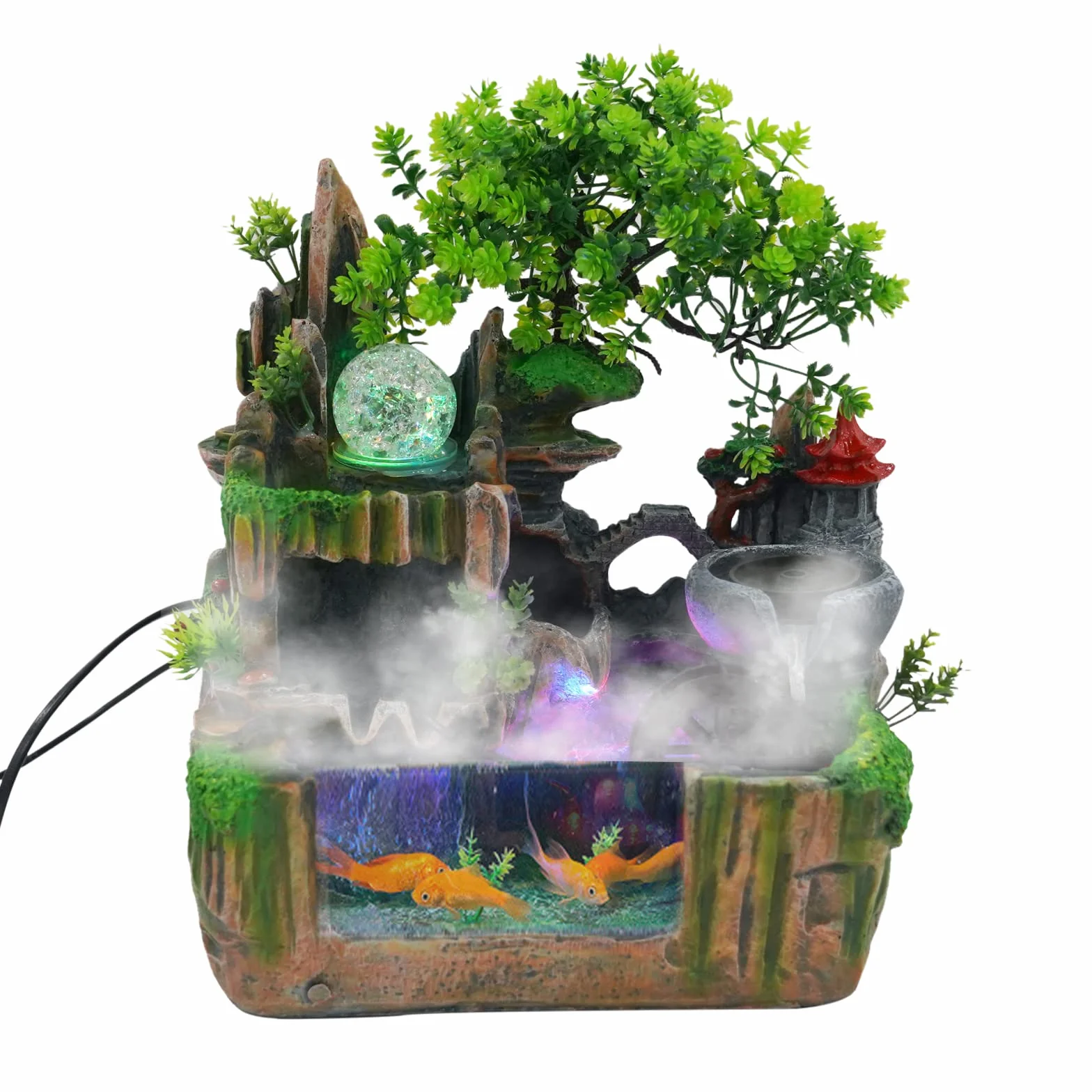 Fuente pequeña con iluminación, fuente de mesa, habitación, cascada, mini paisaje rocoso con estanque y máquina de niebla, 30 x 18 x 33 cm