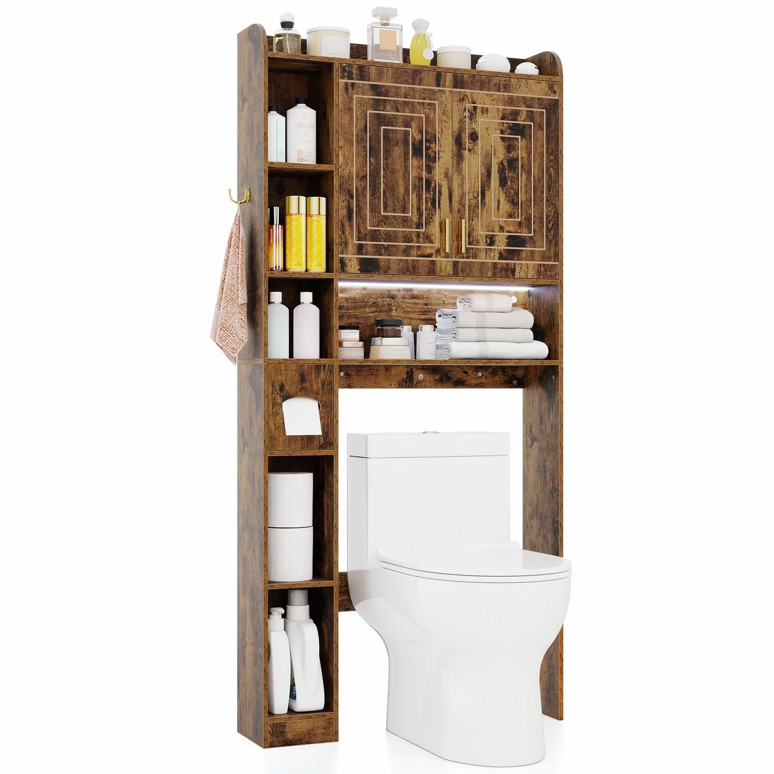 COSTWAY Mueble sobre Inodoro, Armario Independiente para Lavadora con Armario de 2 Puertas, 6 Compartimentos, Caja para Pañuelos, Gancho y Estante Ajustable, Estanterias Alta de Almacenaje (Café)