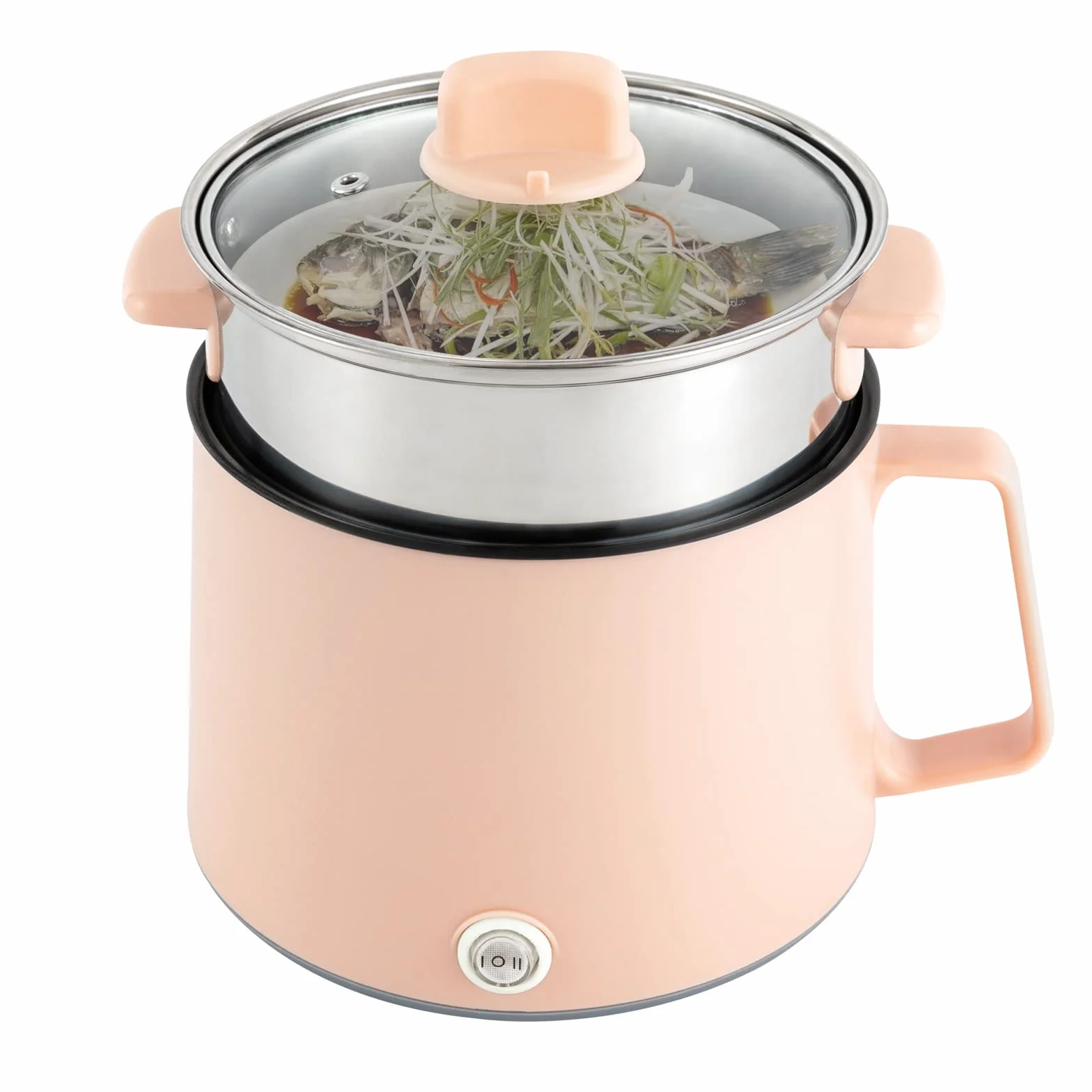 Ramen Cooker Olla Eléctrica 600 W Antiadherente con Cesta de Vapor Multifunción Portátil (Rosa)
