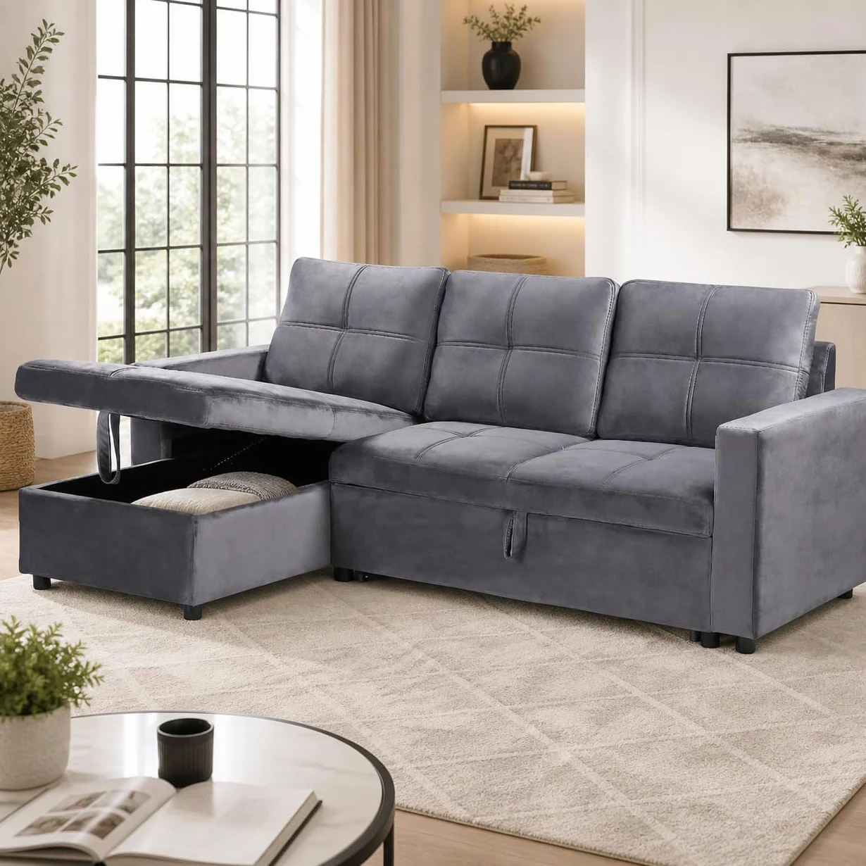 Sofá Cama Chaise Longue BOGA 3 Plazas Gris Terciopelo 215 x 135 cm - Cheslong Reversible con Arcón y Almacenamiento - Sistema de Arrastre - Tapizado Suave - Armazón Pino Macizo - Salón
