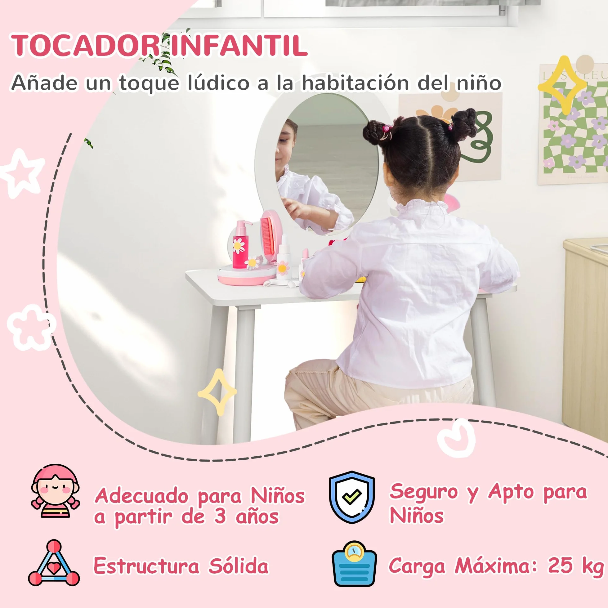 AIYAPLAY Tocador para Niñas con Taburete y Espejo Blanco +3 Años