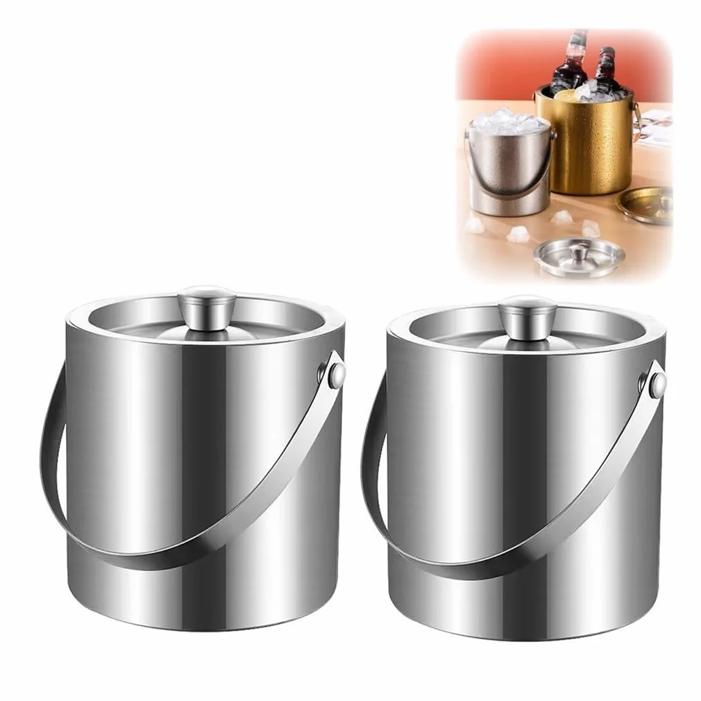 Cubos de hielo de acero inoxidable de doble pared (paquete de 2), for el hogar, con aislamiento al vacío, tapa hermética y pinzas for hielo.(Silver,H 15.2cm/6.0in)