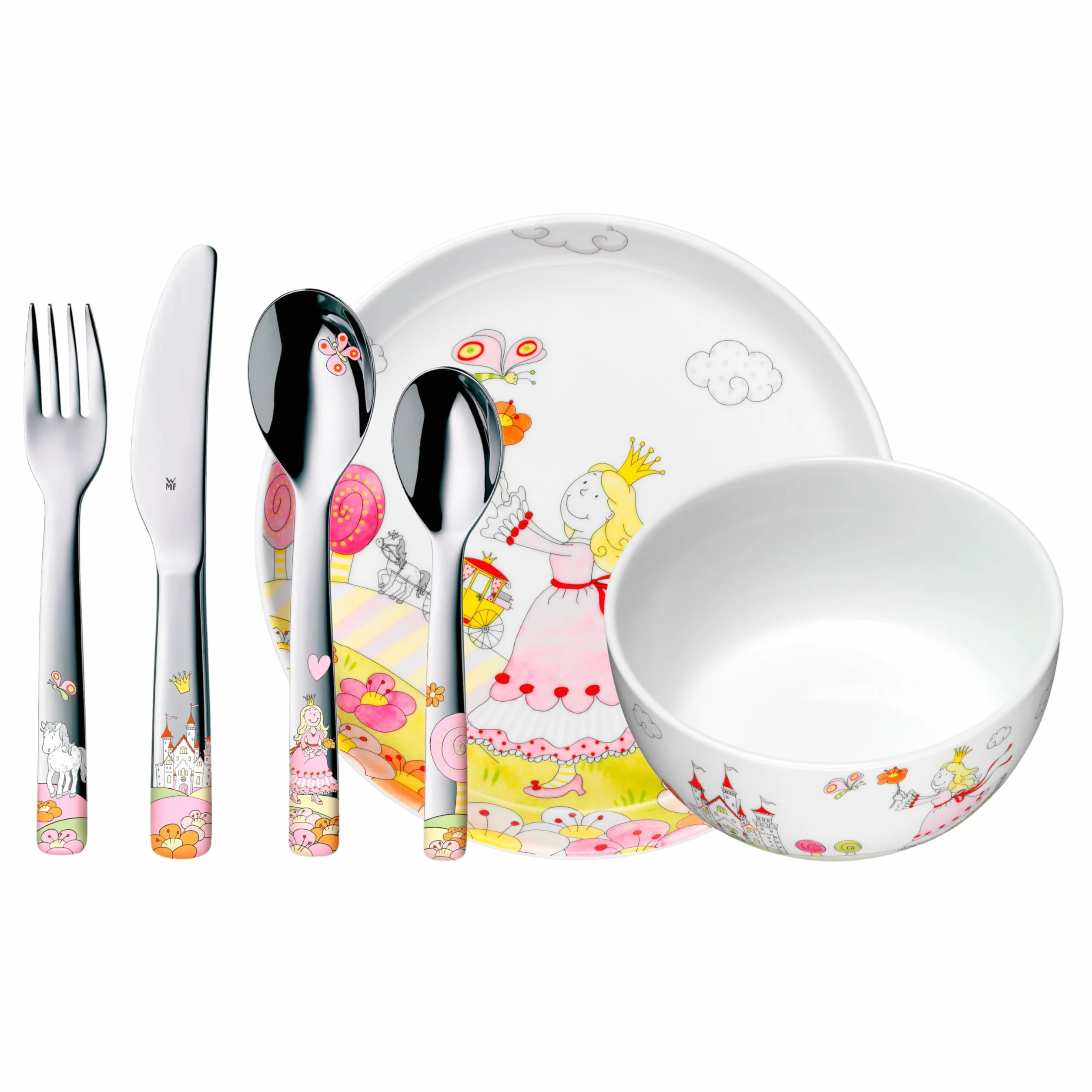 WMF Juego de vajilla infantil Princess Anneli de 6 piezas con grabado – con nombre – Plato de porcelana y cuenco de cereales con cubiertos para niños – Vajilla infantil para comida independiente a