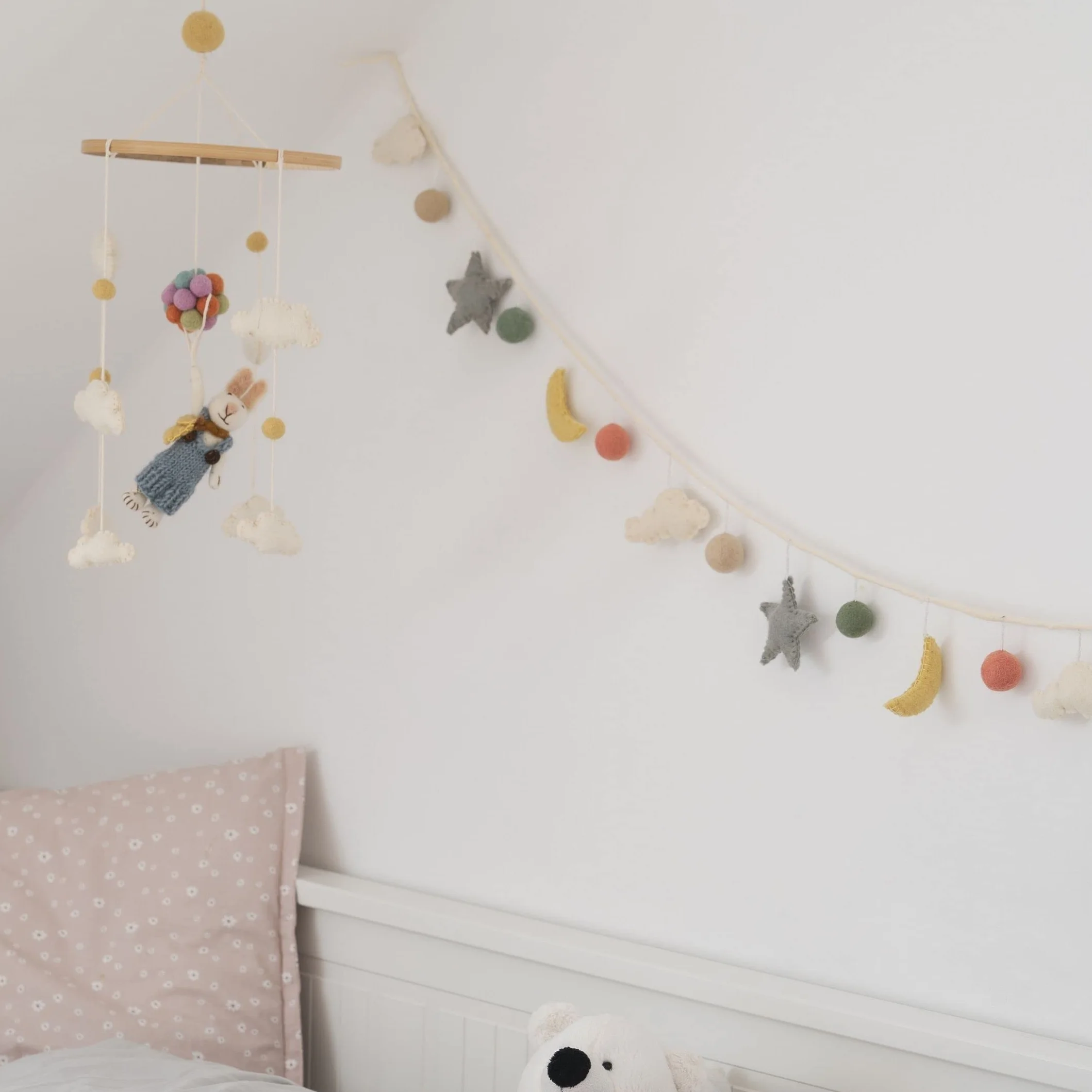Én Gry & Sif Guirnalda de luna y estrellas de fieltro 190 cm decoración pared habitación infantil