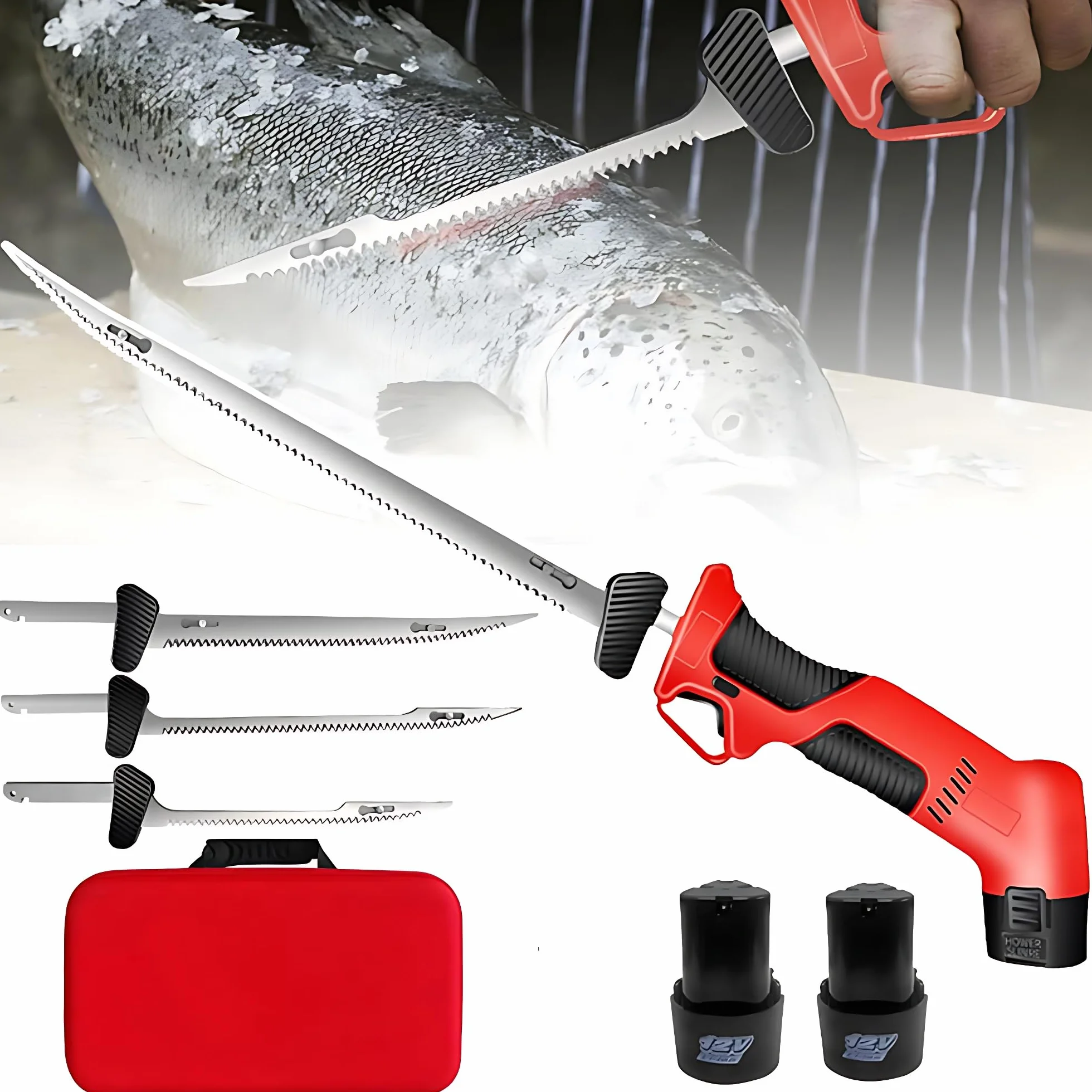 Cuchillo de Filete eléctrico inalámbrico para Pesca de Peces, Cuchillo eléctrico Recargable, con 4 Cuchillas afiladas alternativas, Orificio de enfriamiento de la batería, Mango Antideslizante