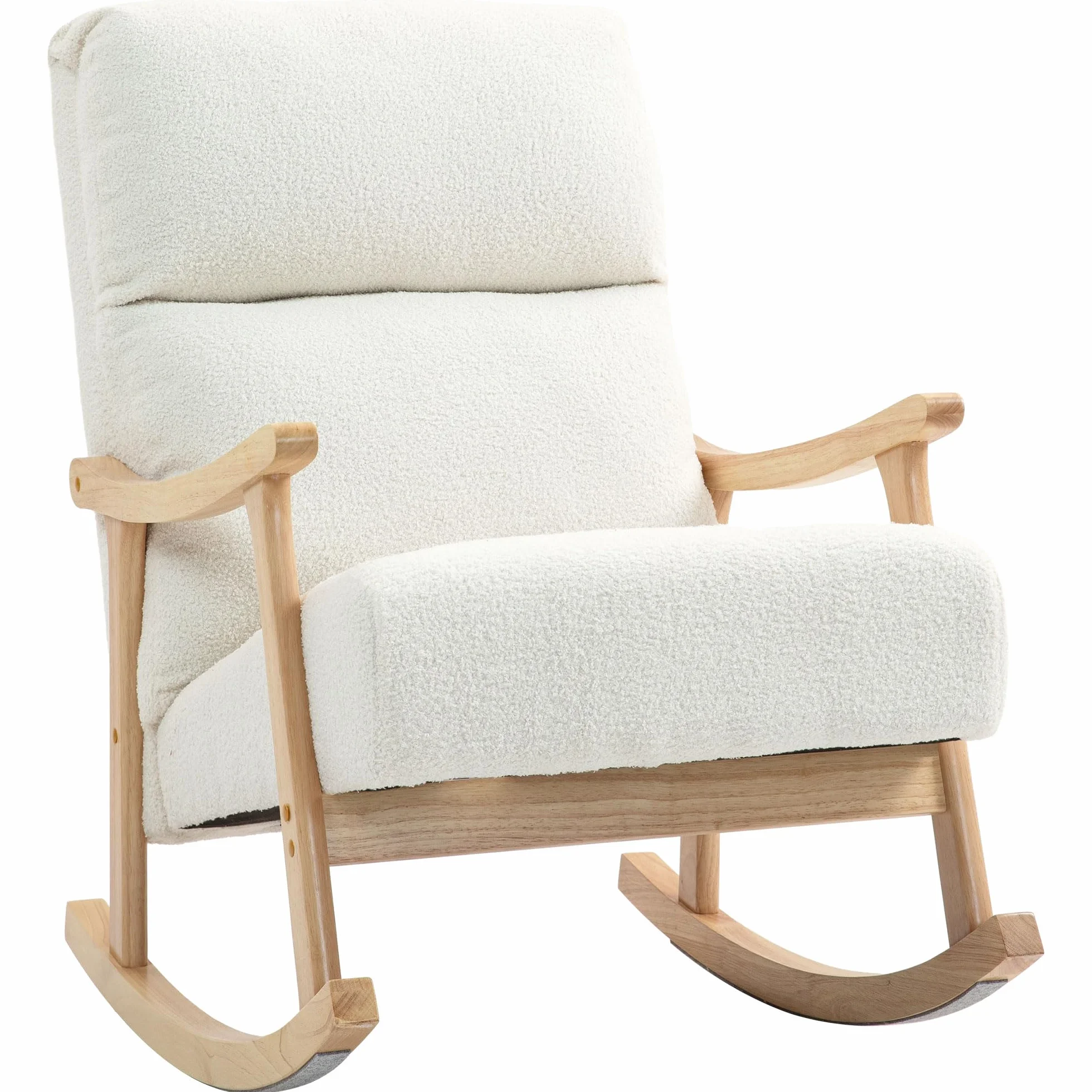 HOMCOM Silla Mecedora de Borreguito Moderna, Mecedora con Patas y Reposabrazos de Madera de Caucho, Respaldo Alto, Carga 120 kg, para Dormitorio, Salón, Crema