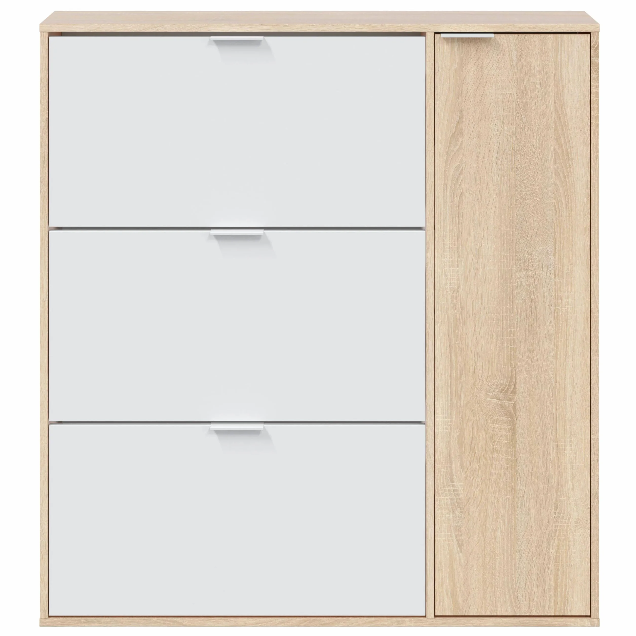 Habitdesign Mueble Zapatero 4 Puertas, Modelo Class, Acabado en Roble Canadian y Blanco Artik, Medidas: 106 cm (Ancho) x 115 cm (Alto) x 22 cm (Fondo)