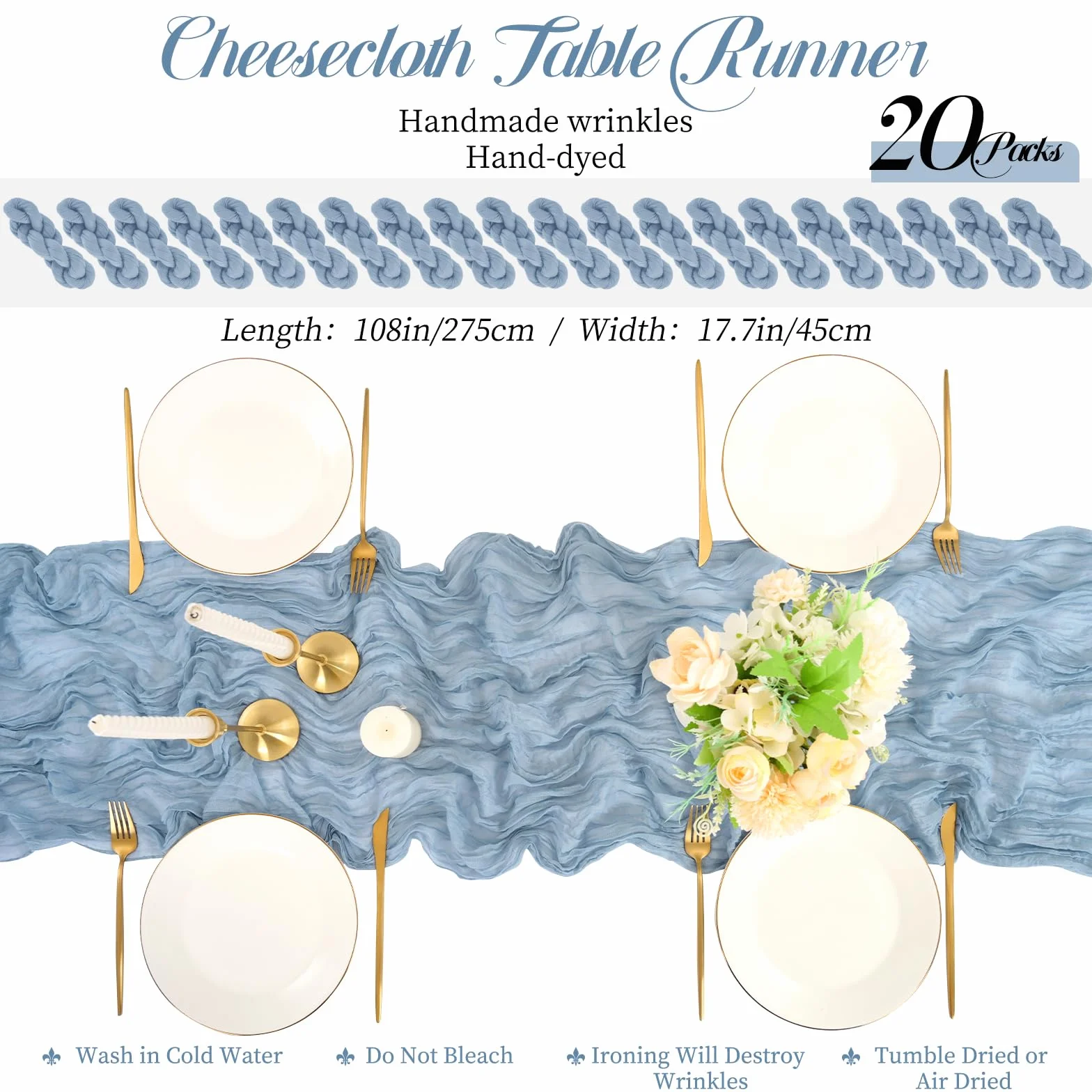 Teruntrue Pack de 20 Camino de Mesa Azul Polvo 45x275 cm, Gasa Transparente Boho para Boda, Ducha de Novia, cumpleaños, hogar, jardín, Granja