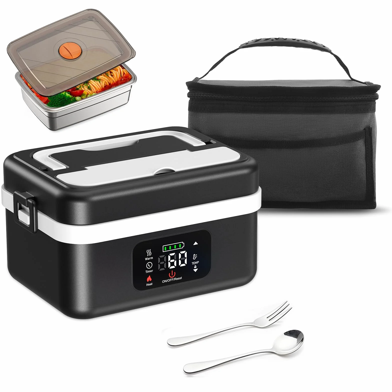 Fiambrera Electrica, 1L Inteligente Taper Electrico para Comida con Pantalla Táctil, Fiambrera Termica Portátil con Vajilla de Acero Inoxidable y Bolsa Aislante para Coche Oficina Viajes