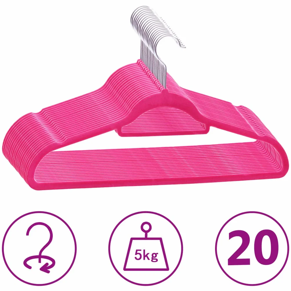 Juego de 20 perchas de terciopelo rosa con gancho giratorio de 360 grados, antideslizante, plástico y metal, 44,5 x 23,5 cm, con barra para pantalones, ahorro de espacio para camisas