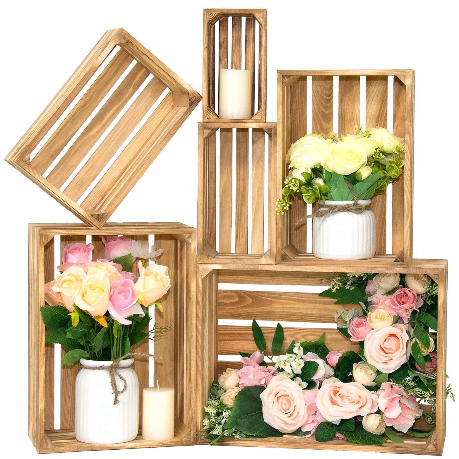 Cajas decorativas de madera para almacenamiento, 6 unidades, cestas de madera para almacenamiento y exhibición, juego de cajas decorativas rústicas con asa