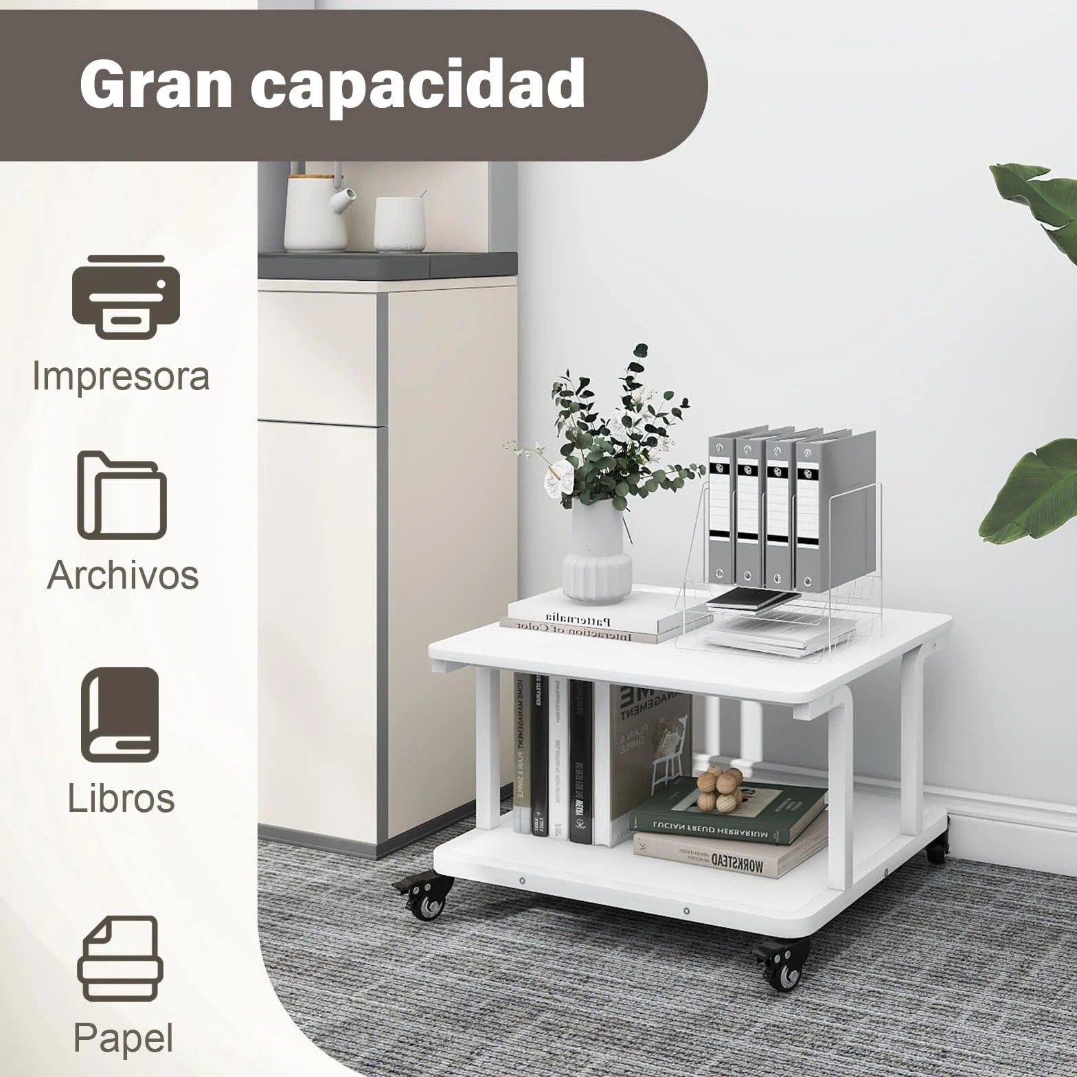 PUNCIA Carro Impresora de 2 Niveles 60 x 50 cm para Oficina Hogar Escuela | mesa soporte impresora blanco carro organizador documentos mueble con estantes para archivos y equipos de oficina