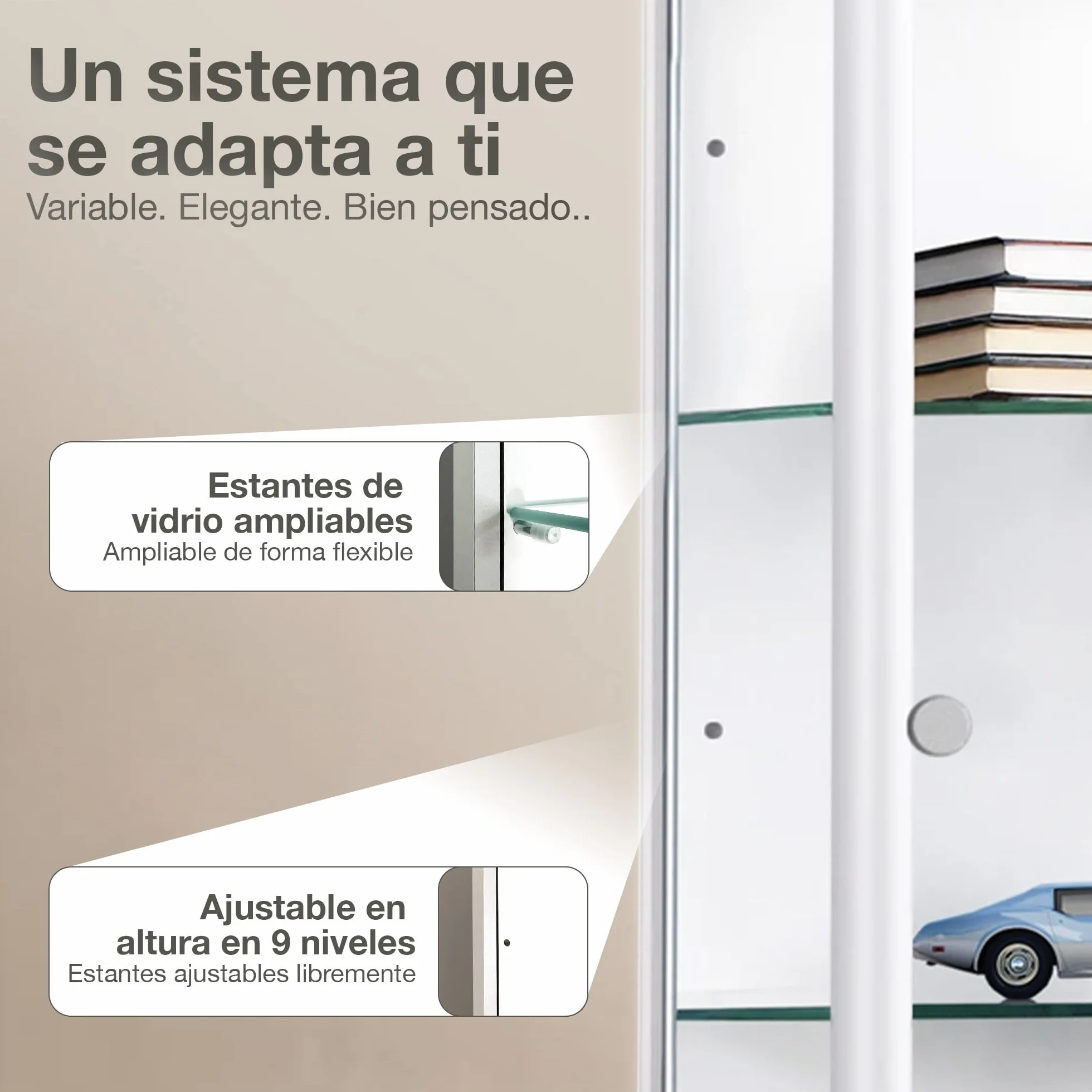 Vitrina de Cristal Blanca (176x67x33 cm) con 4 estantes de Cristal Regulables en Altura & LED - Vitrina Blanca Modelo Coche - Vitrina de colección