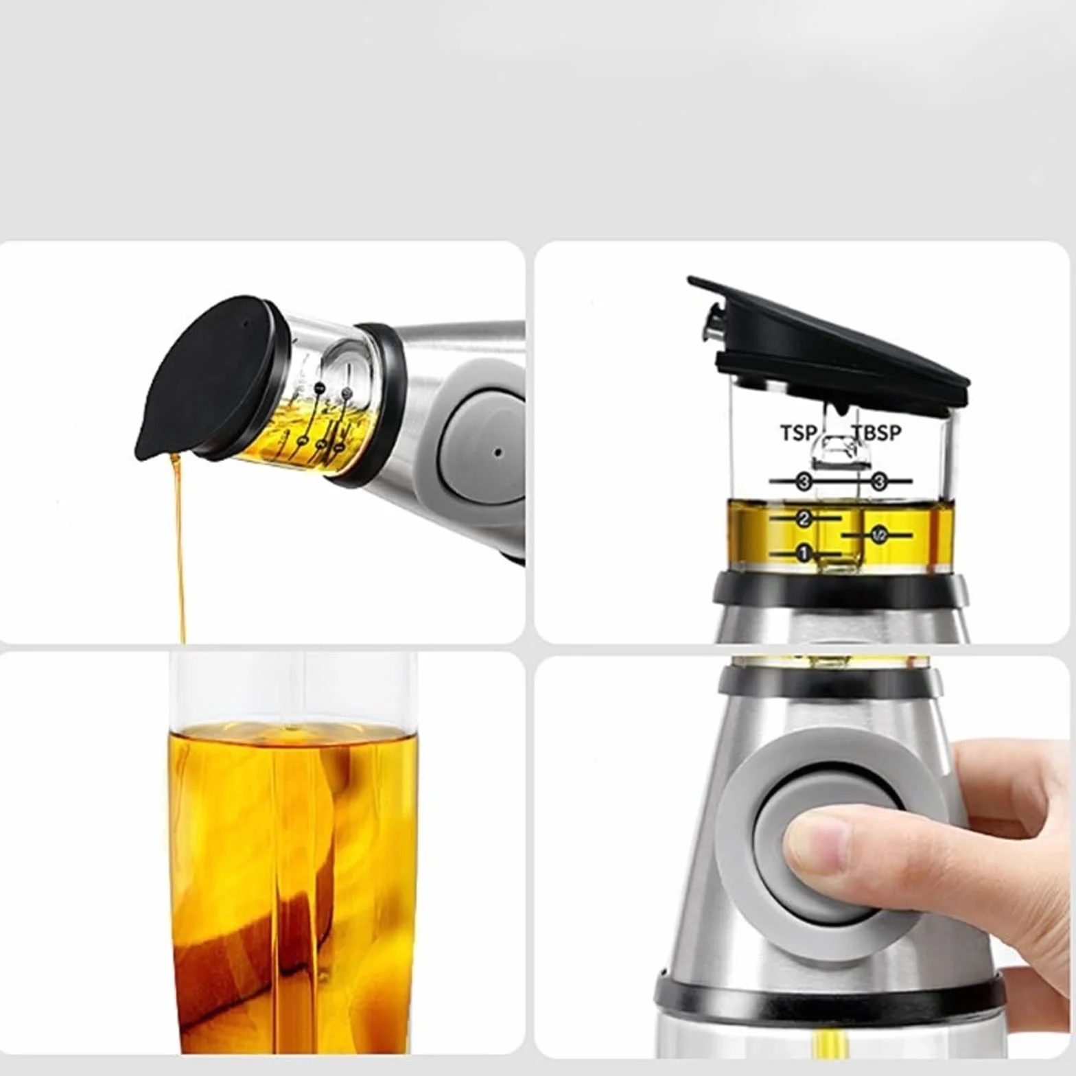 Tarros de especias Botella de vinagre con vertedor de vinagre sin goteo, controla fácilmente la ingesta de grasa. Dispensador de aceite, botella dispensadora de aceite de medición de presión