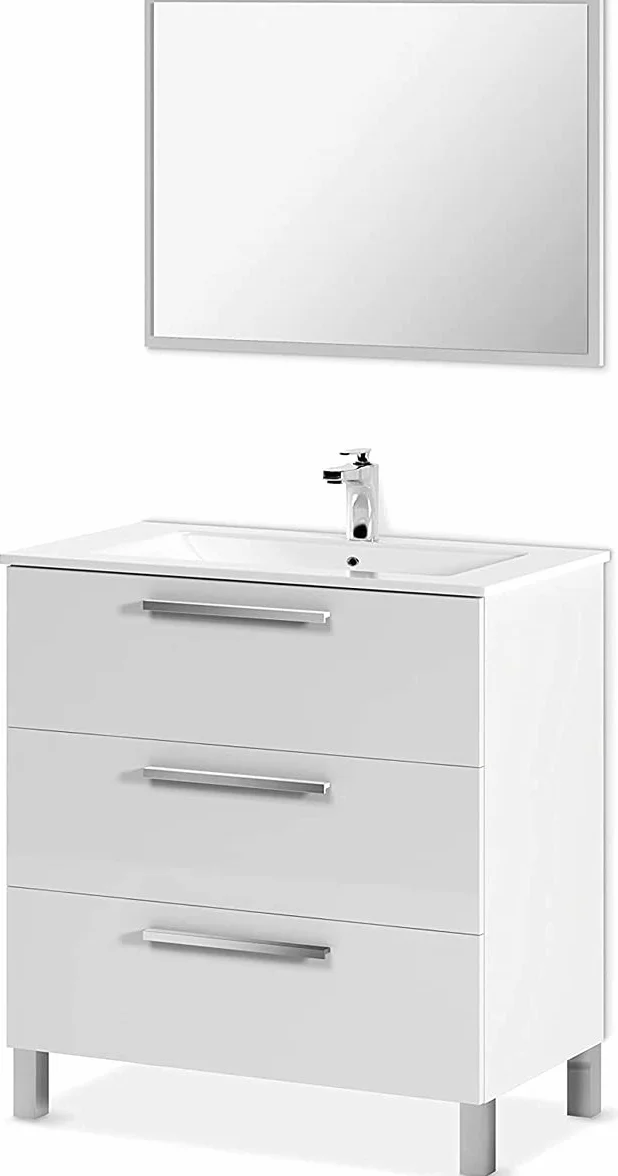 Mueble de Baño o Aseo con Patas, 3 Cajones y Espejo, Acabado en Blanco Brillo - Dim: 80 cm (Ancho) x 86 cm (Alto) x 45 cm (Fondo)