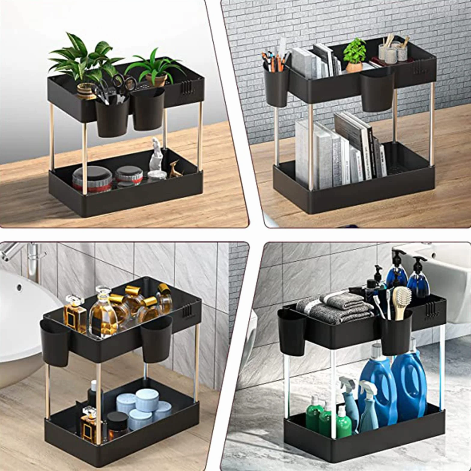 PRUJOY Organizador Debajo del Fregadero, Organizador de Almacenamiento, Organizador de gabinete de Cocina y Cesta de Almacenamiento con Ganchos, 2 Niveles para baño y Cocina