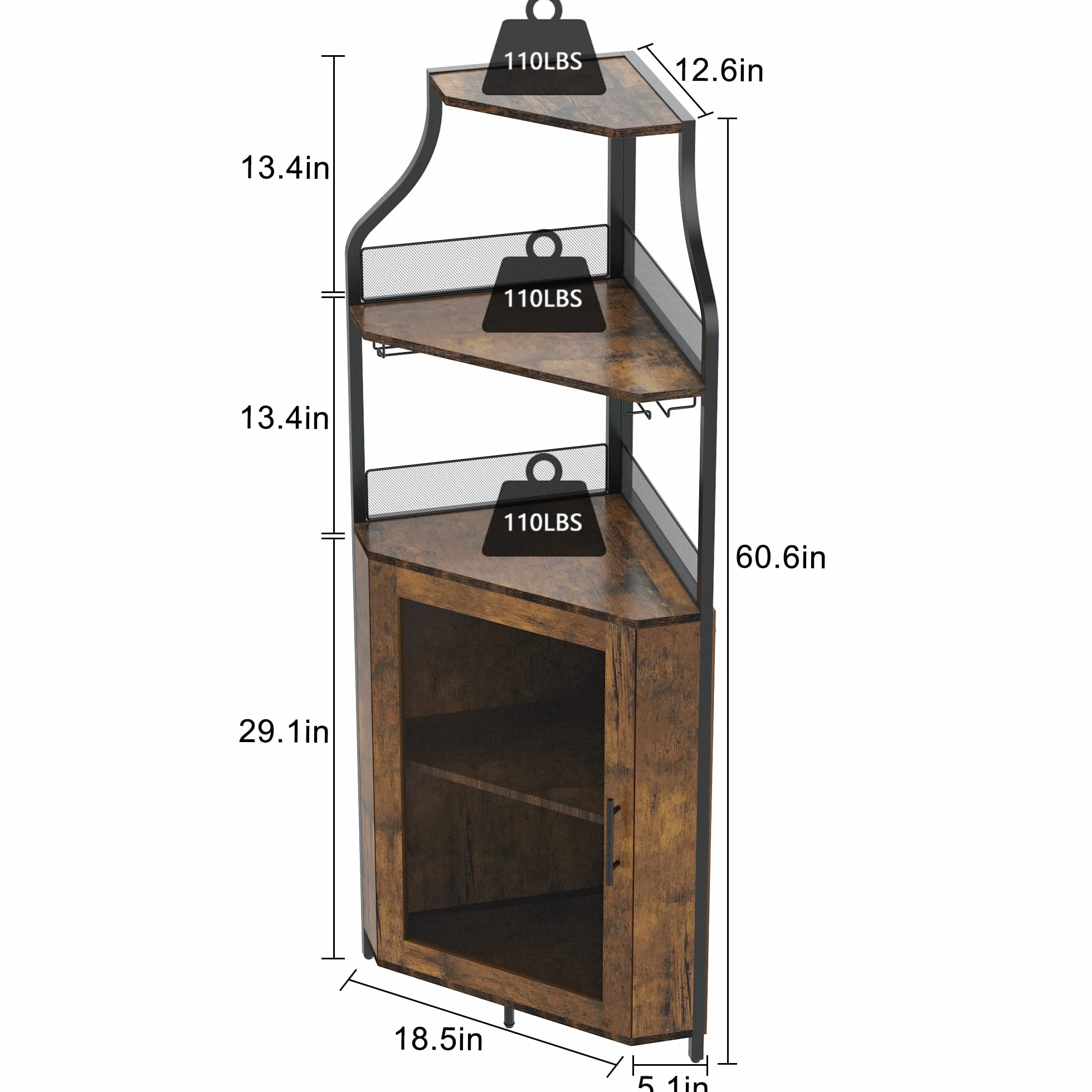 Garvee Armario de Vino Esquinero con Luces LED, Mueble Bar Industrial de 5 Niveles con Botellero y Porta Copas, Estantería para Vinos con Puerta de Malla para Salón y Comedor, Marrón Rústico