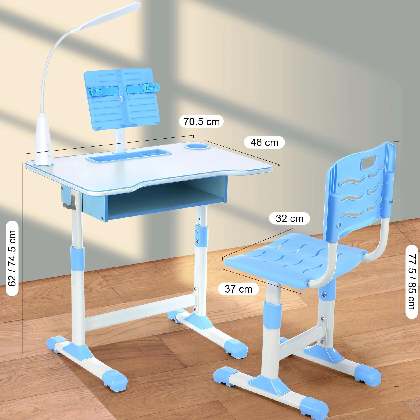 Mesa y Silla Infantil Regulables en Altura, Escritorio con Cajón, Lámpara LED, Silla Ergonómica, para Estudio desde 6 años